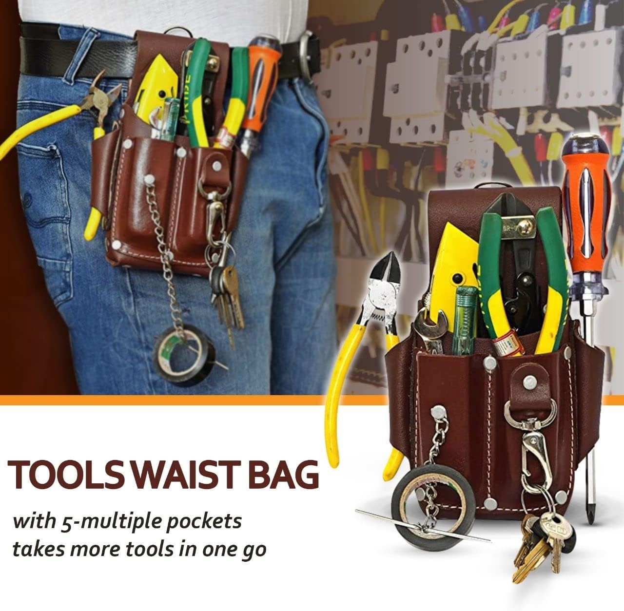 Pro5 Electrician Pouch Leather Tool 5 Pocket Pouch brown