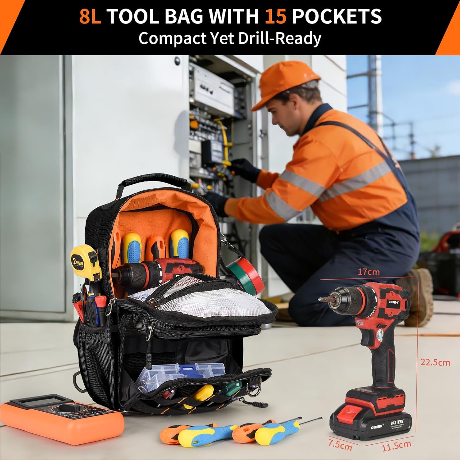 Tactical Electrician & HVAC Tool Chest Bag with 3-Point Harness, 15-Pocket 16…