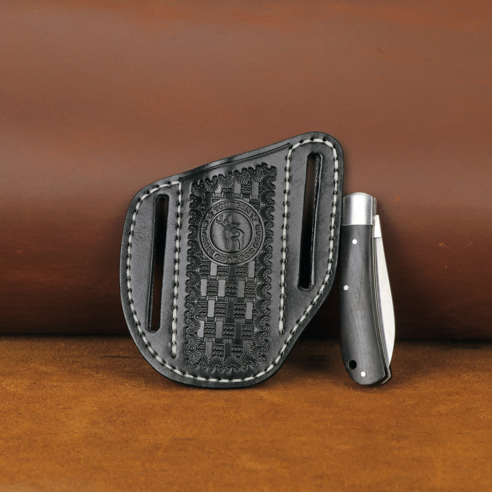 TOURBON Black Leather Folding Knife Sheath Belt Carry Pouch Pocket Holder