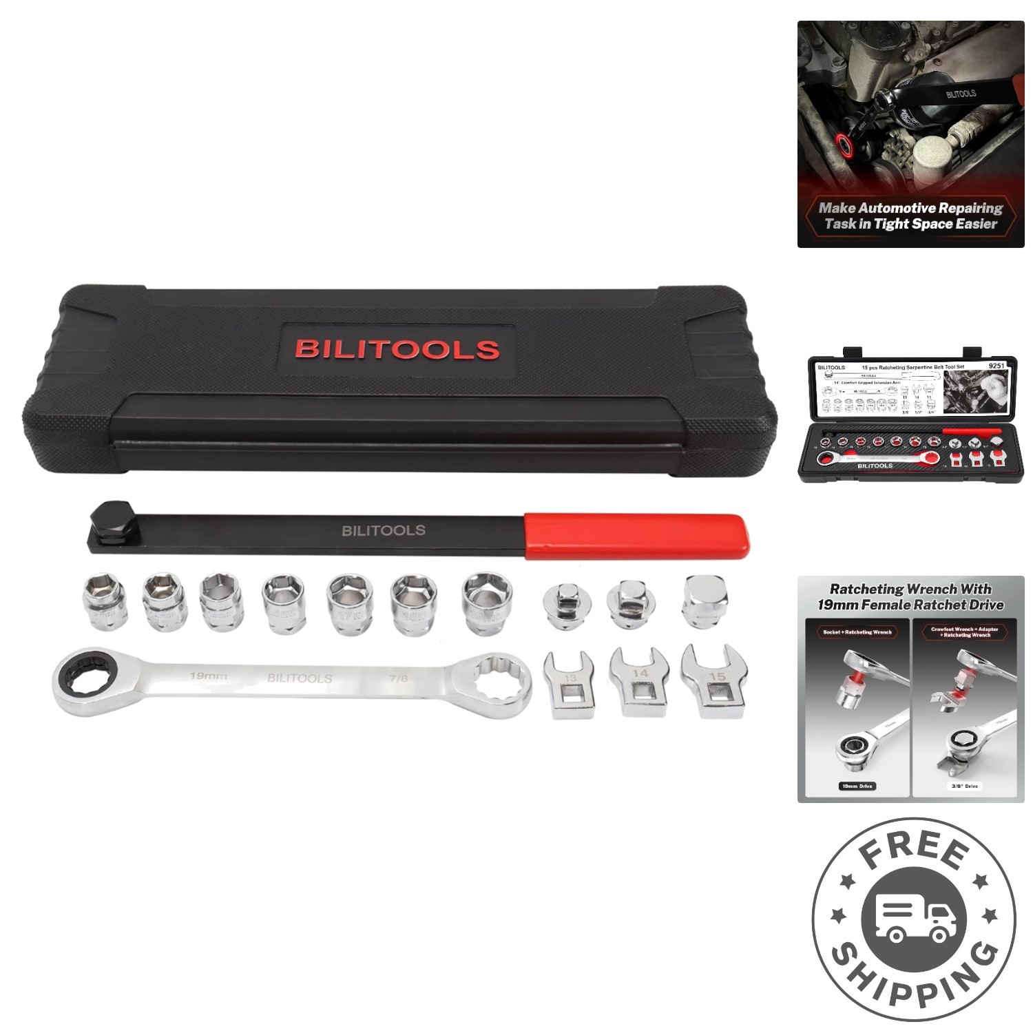15-Piece Carbon Steel Serpentine Belt Tool Set with Ratcheting Wrench & Adapters