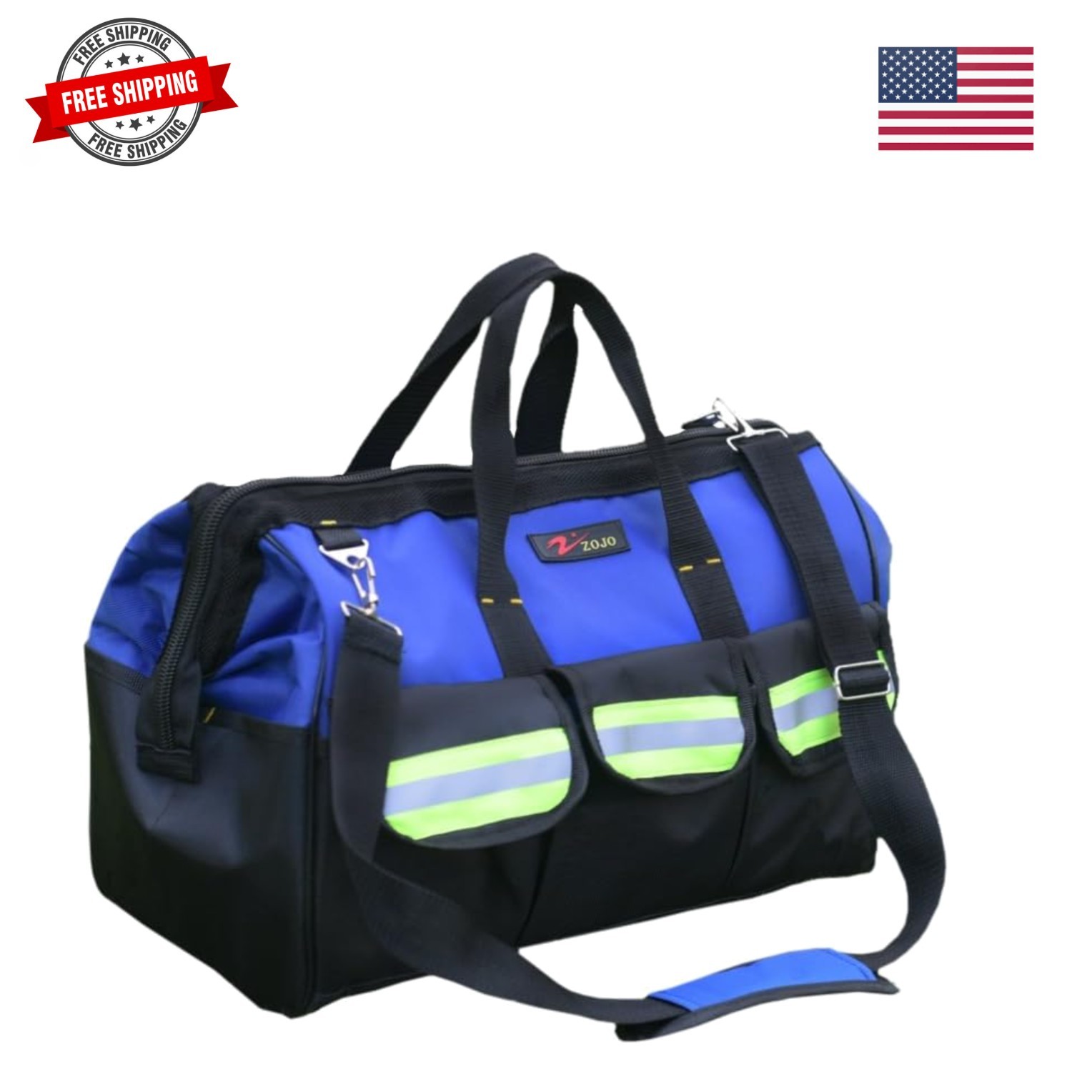 Blue Reflective Tool Bags For Men 16 inch Wide Mouth 18 tool pockets