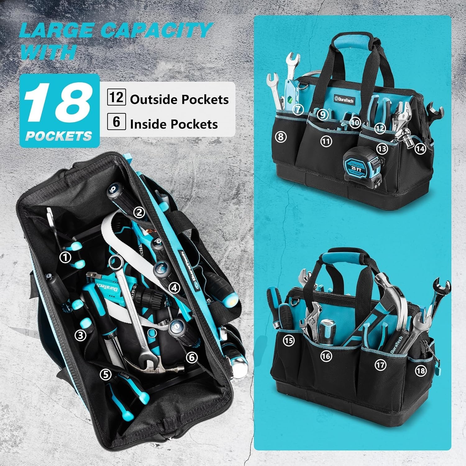 16-Inch Waterproof Tool Bag with Hard Bottom & 18 Pockets – Heavy Duty Organizer