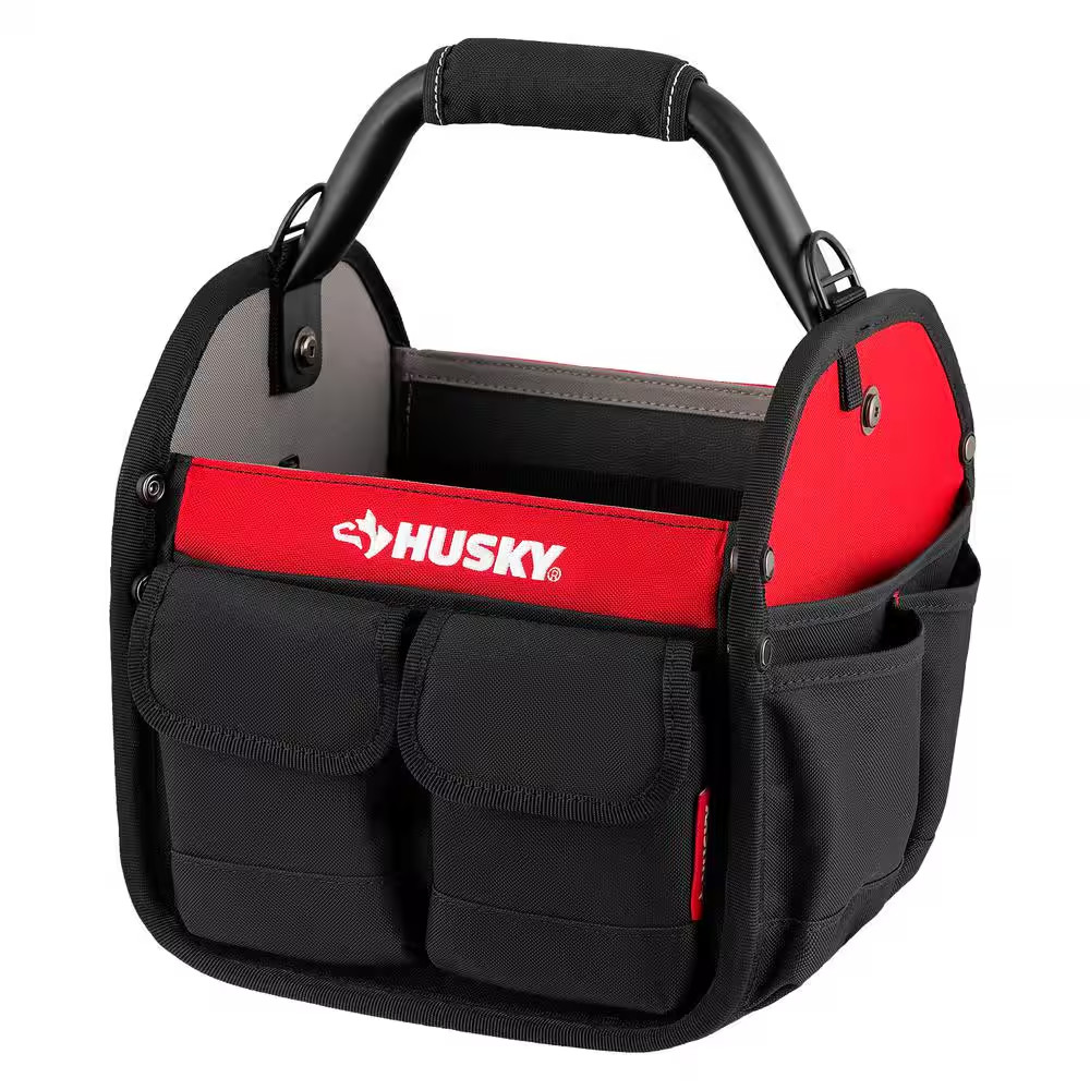 Husky Tool Bag 10 in 15 Pocket Open Top Tote Water Resistant Rotating Handle