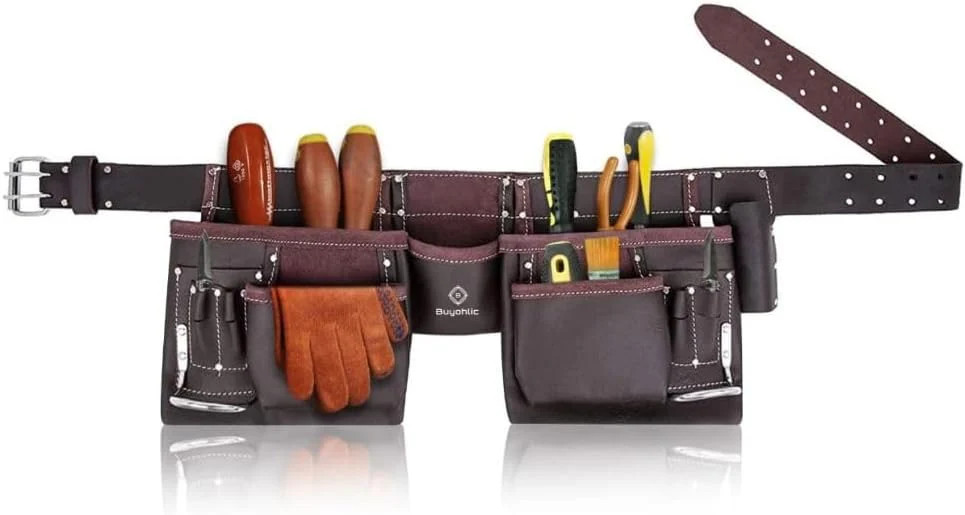 Leather Tool Belt Pouch Bag, 12-Pocket Extra Large Carpenter Tool Belt-USA STOCK
