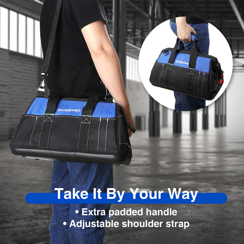 16″ Wide Mouth Tool Bag Water Proof Molded Base Pockets Tool Storage Organizer