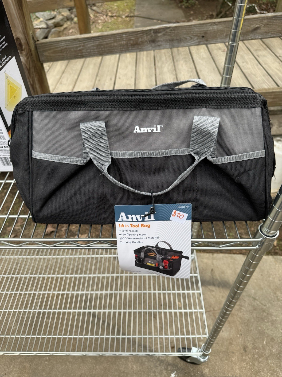 Anvil 16 in Tool Bag Water Resistant Wide Opening 9 Pockets Black Gray
