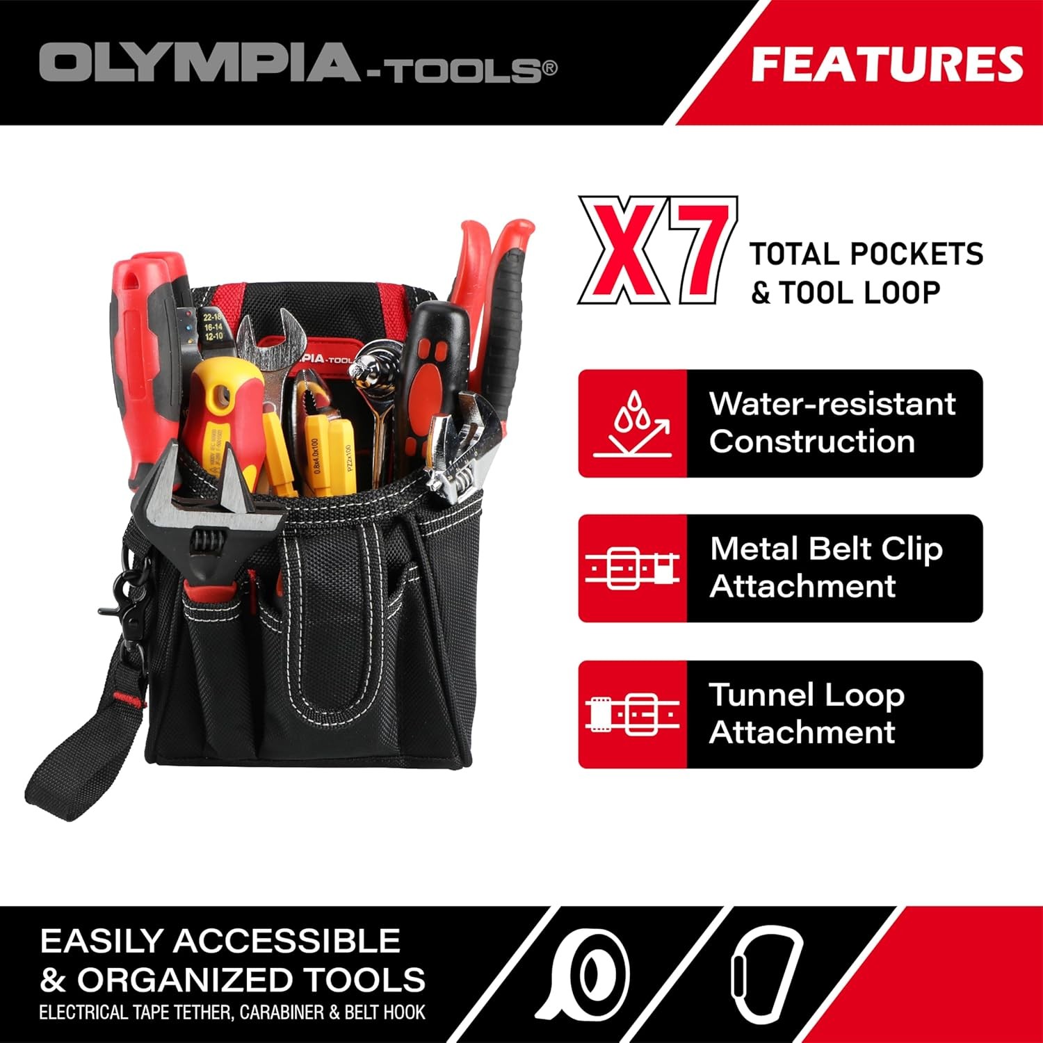 7 Pocket Tool Pouch Bag with Belt Clip Organizer for Mechanics Workshop