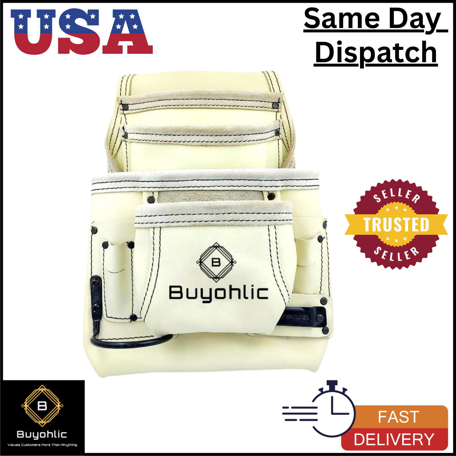 Heavy-Duty Leather Tool Bag 10 Pocket Top Grain Construction Pouch
