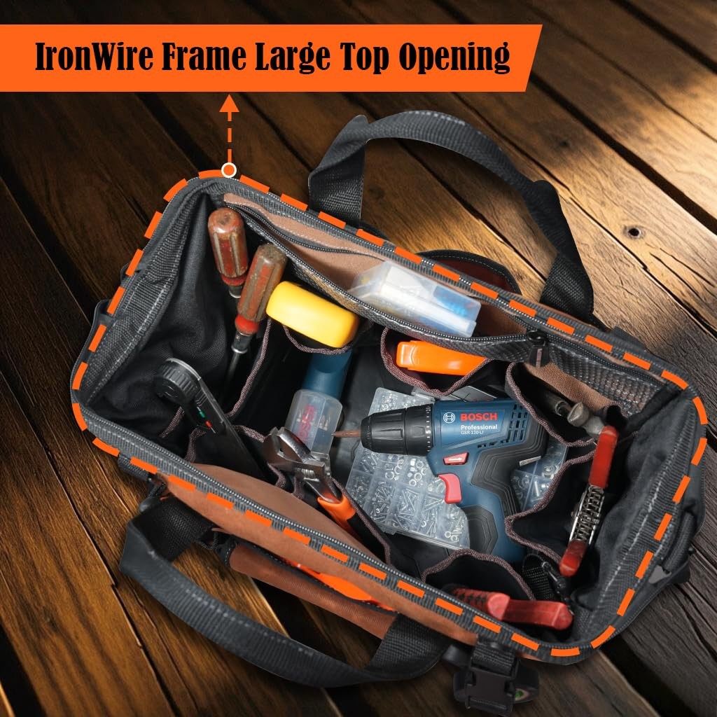 Welkinland 22-Pockets Hard Bottom Tool Bag 14-Inch Waxed Canvas Tools Bag 25L