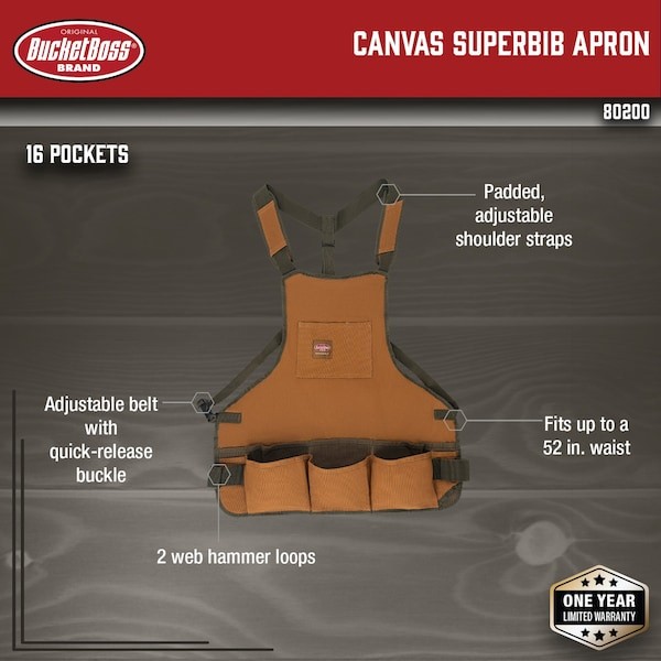 Bucket Boss 80200 Tool Apron, Tool Apron, Brown, Canvas, 16 Pockets