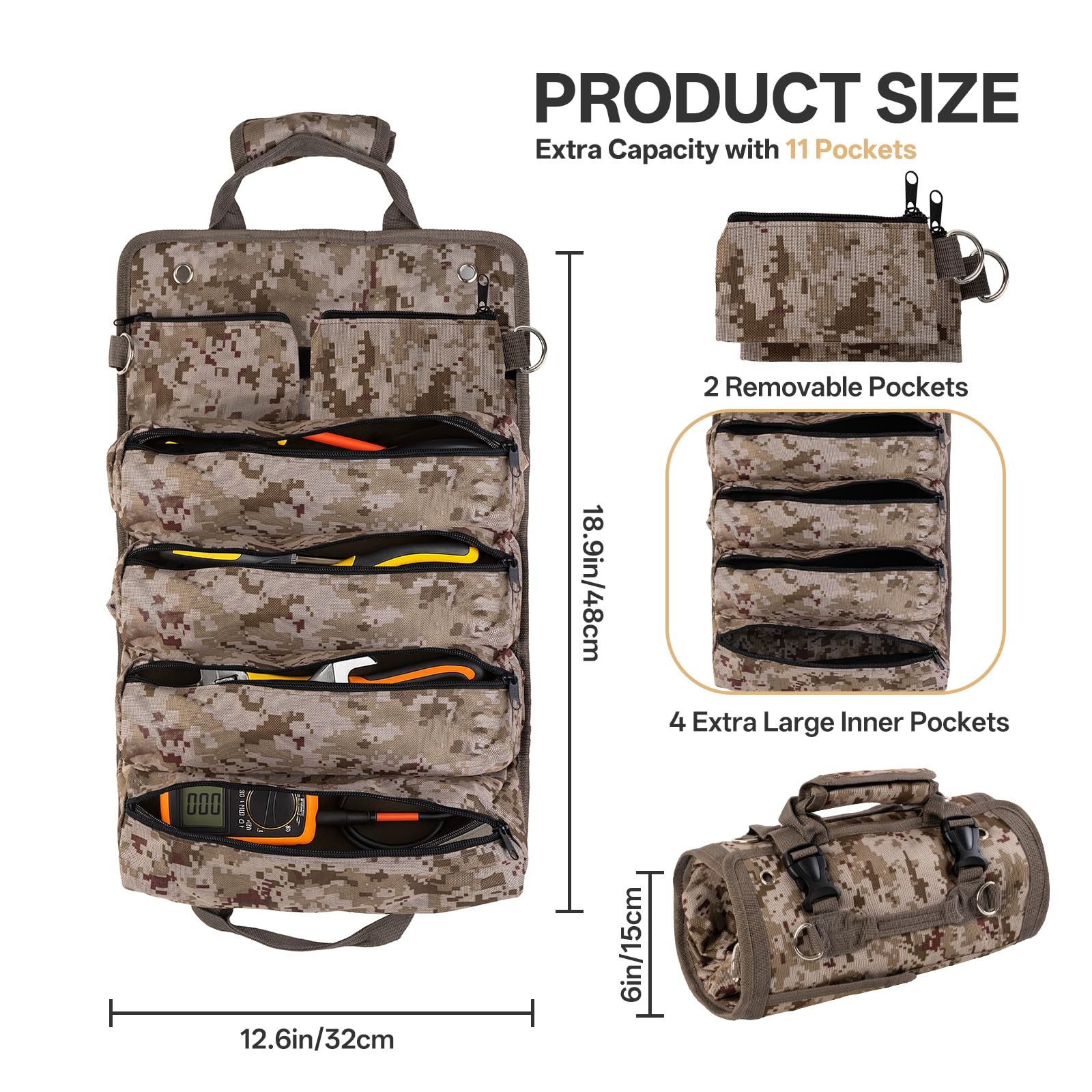 Roll Up Tool Bag Heavy Duty Portable Organizer 4 Pouches 2 Zipper Camo