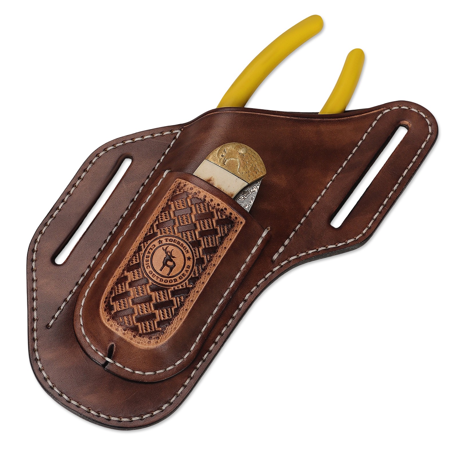 TOURBON 2-in-1 Leather Tool Pouch Angled Cross Draw Folding Knife Pliers Holster