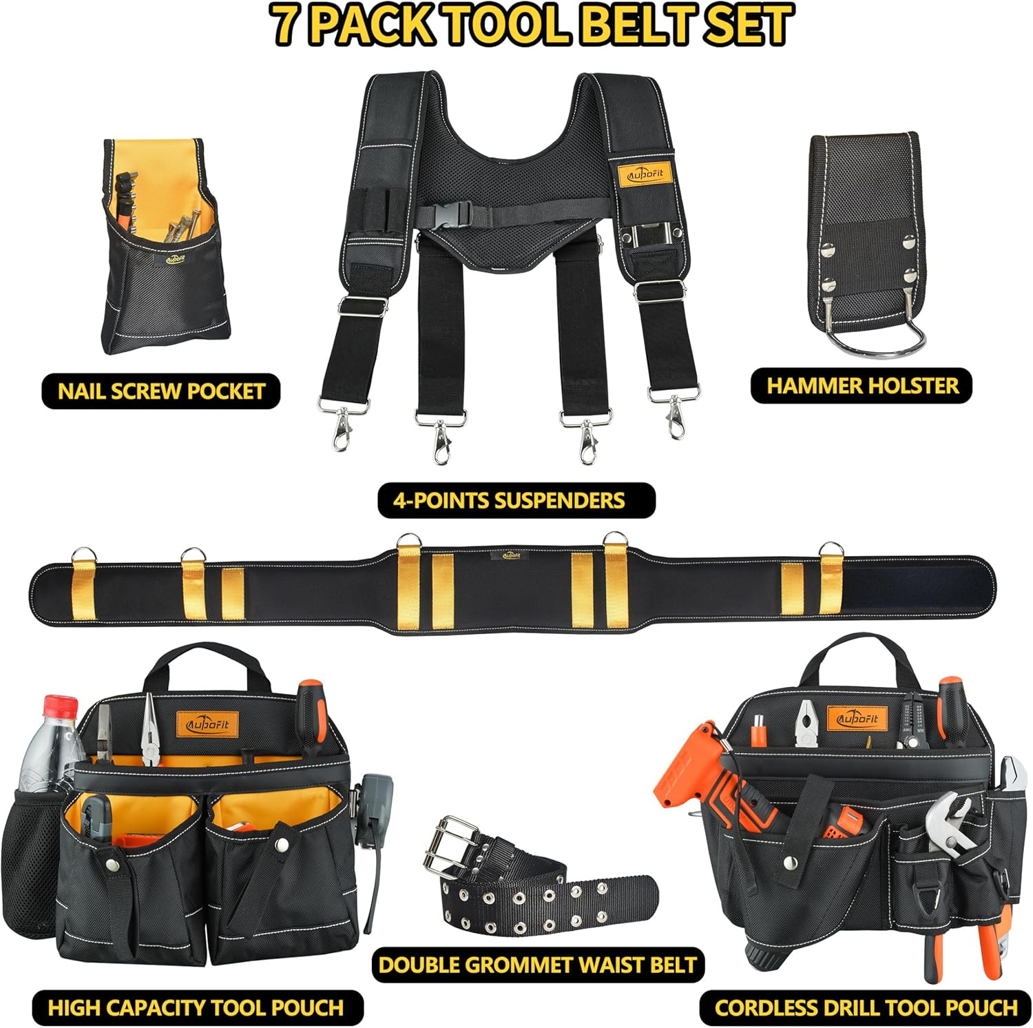 Comfortable Tough Thick 7-Piece Tool Belt with Suspenders 32 Pockets and Loops,1