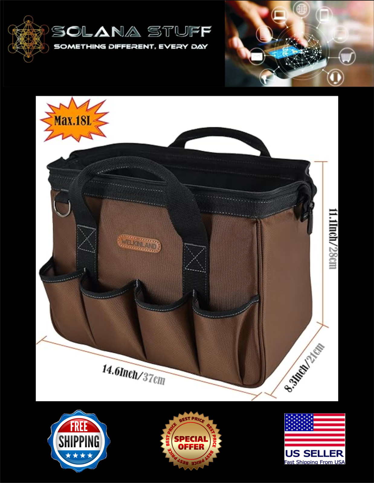 WELKINLAND 17-Pockets Tool Bag, 14″ Portable, Brown With Shoulder Straps, NEW