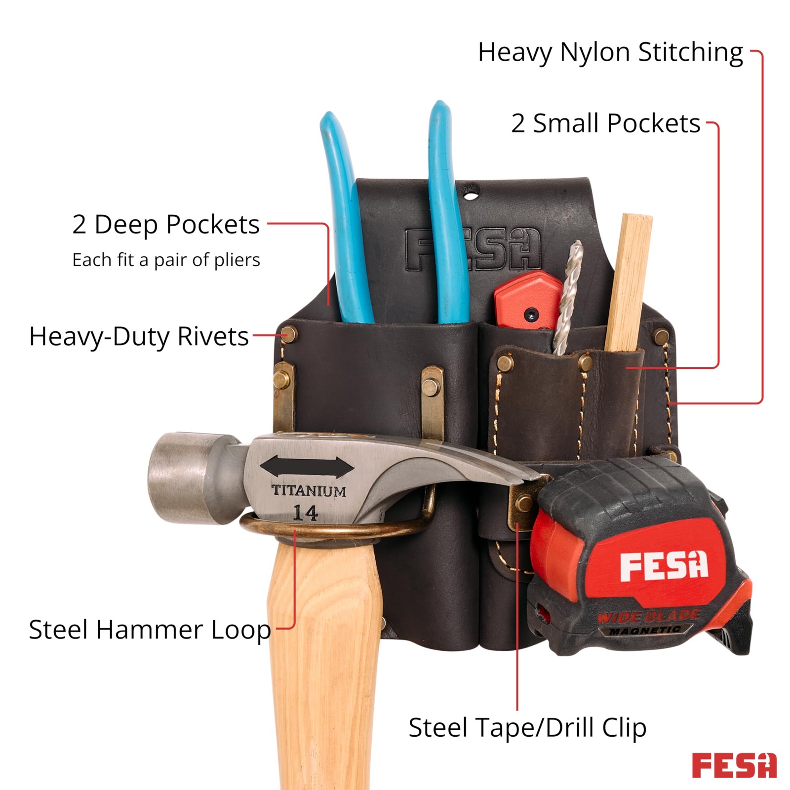 Leather Pliers Holster Double Plier Holder Steel Hammer Tape Clip Pockets