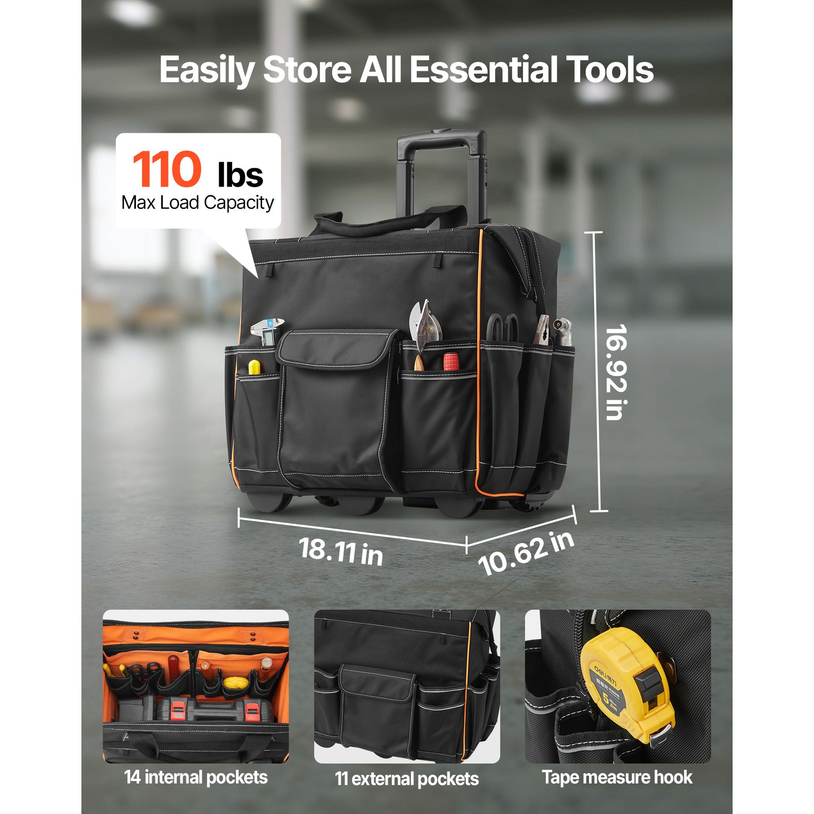 Uimoso Rolling Tool Bag with 25Pockets and Telescoping Handle for Heavy Duty Use