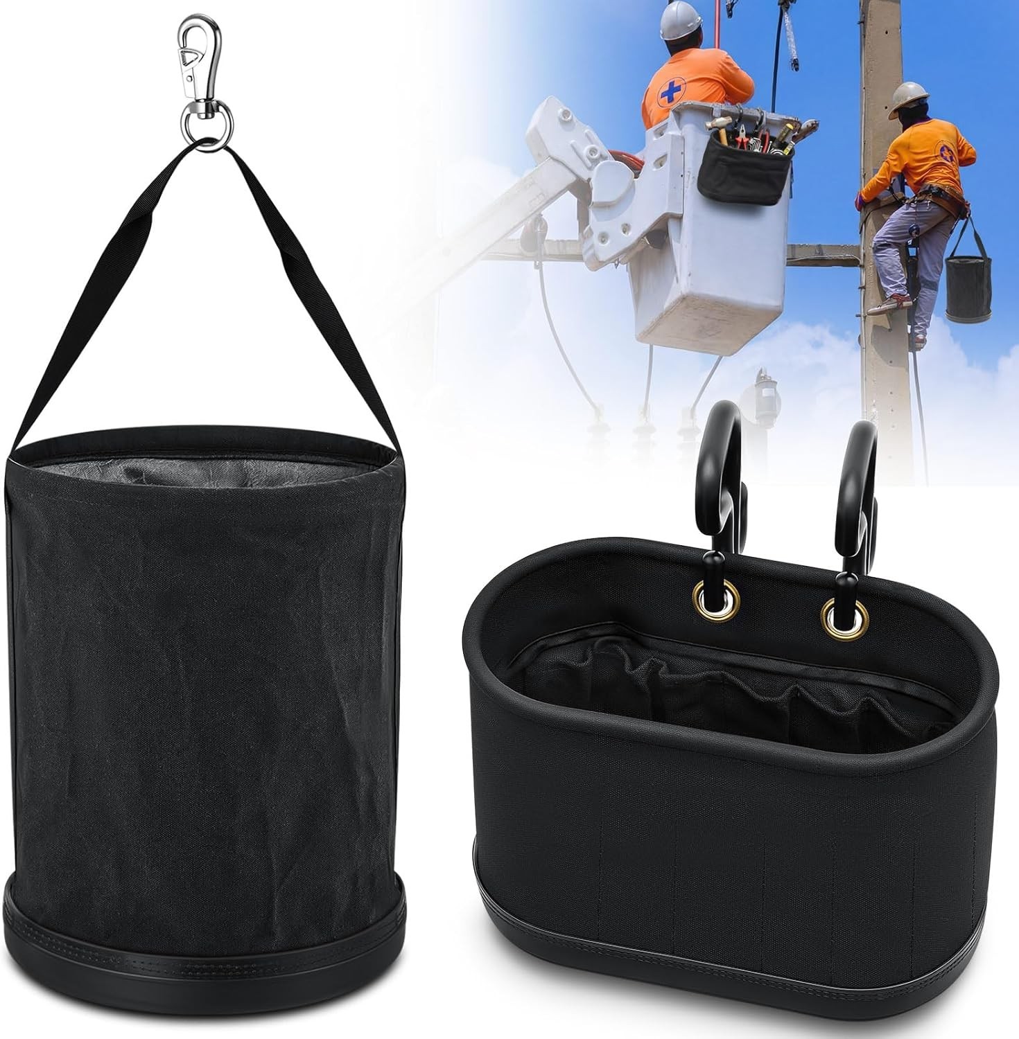 2 Pack Canvas Bucket and Oval Tool Bag, Bucket Tool Organizers with Plastic B…