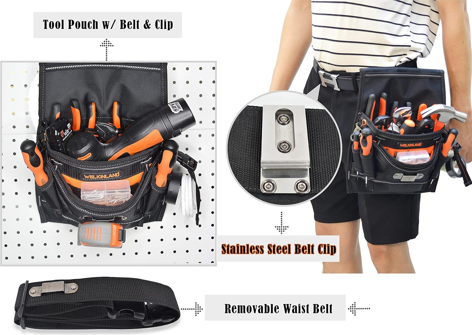 10-Pockets Electrician Tool Pouch with Belt Clip, Electricians Tool Pouches Bag,