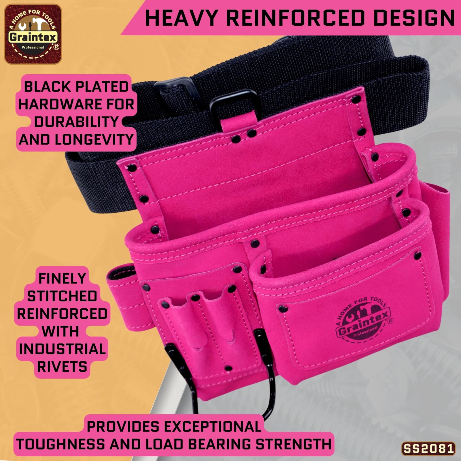 GRAINTEX SS2081 5 Pocket Nail & Tool Pouch Pink Color Suede Leather with 2” Webb