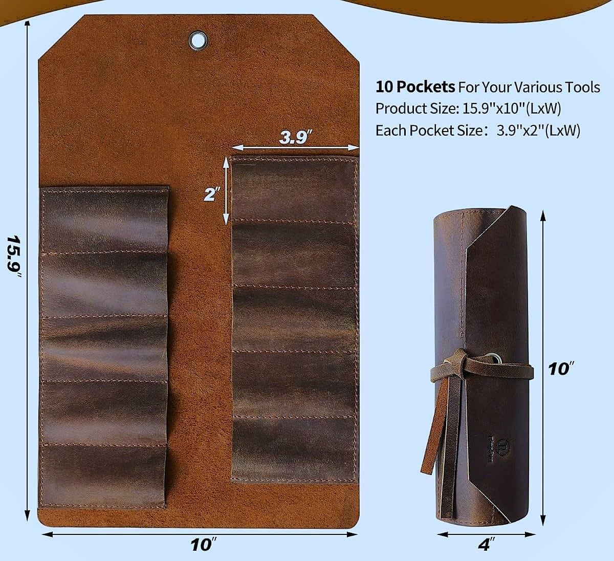 Leather Tool Roll Up Pouch 10 Slots Leather Tool Wrench Roll/Chisel Bag Portable
