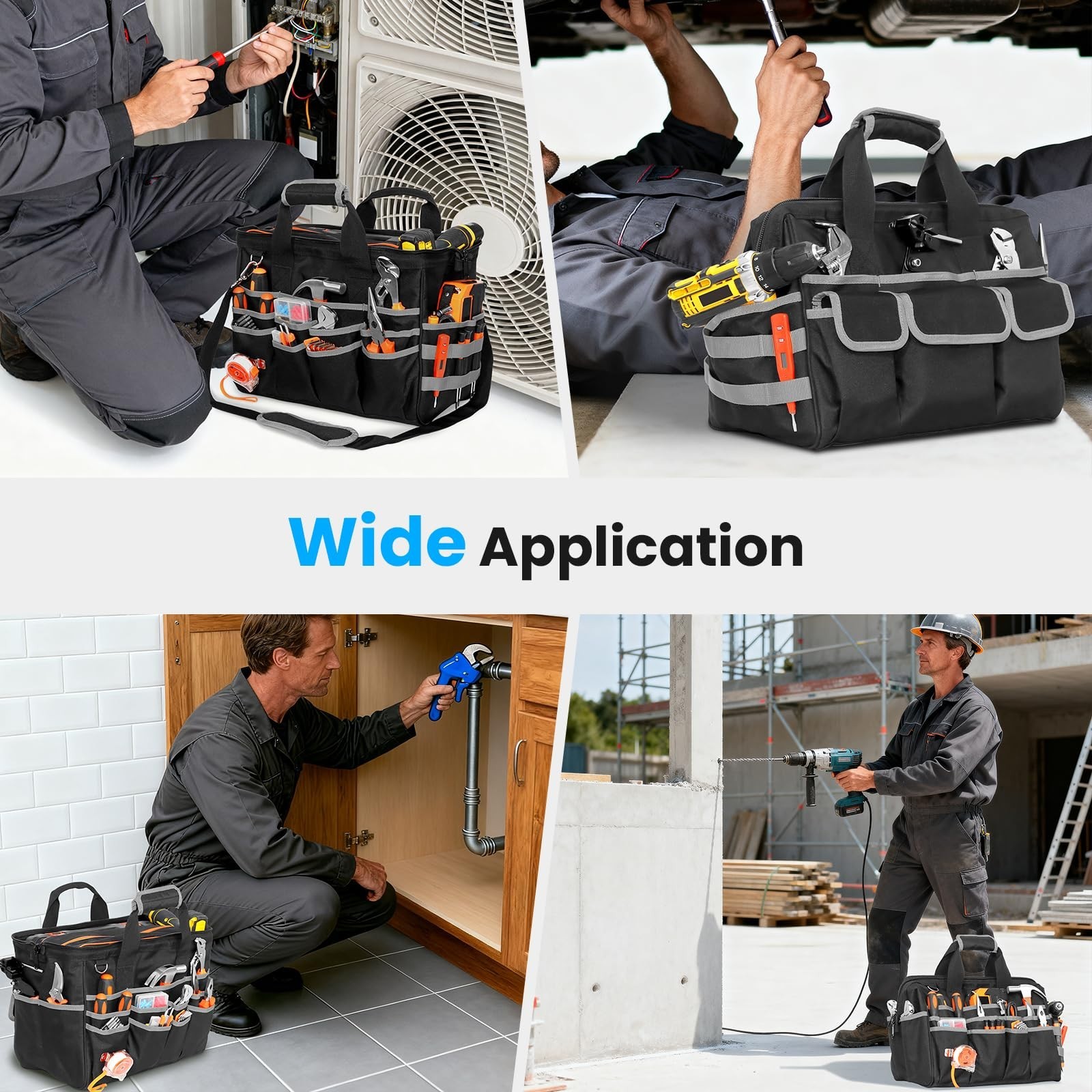 17″ Heavy Duty Tool Bag, Waterproof Multi-Pocket Organizer with Adjustable Strap