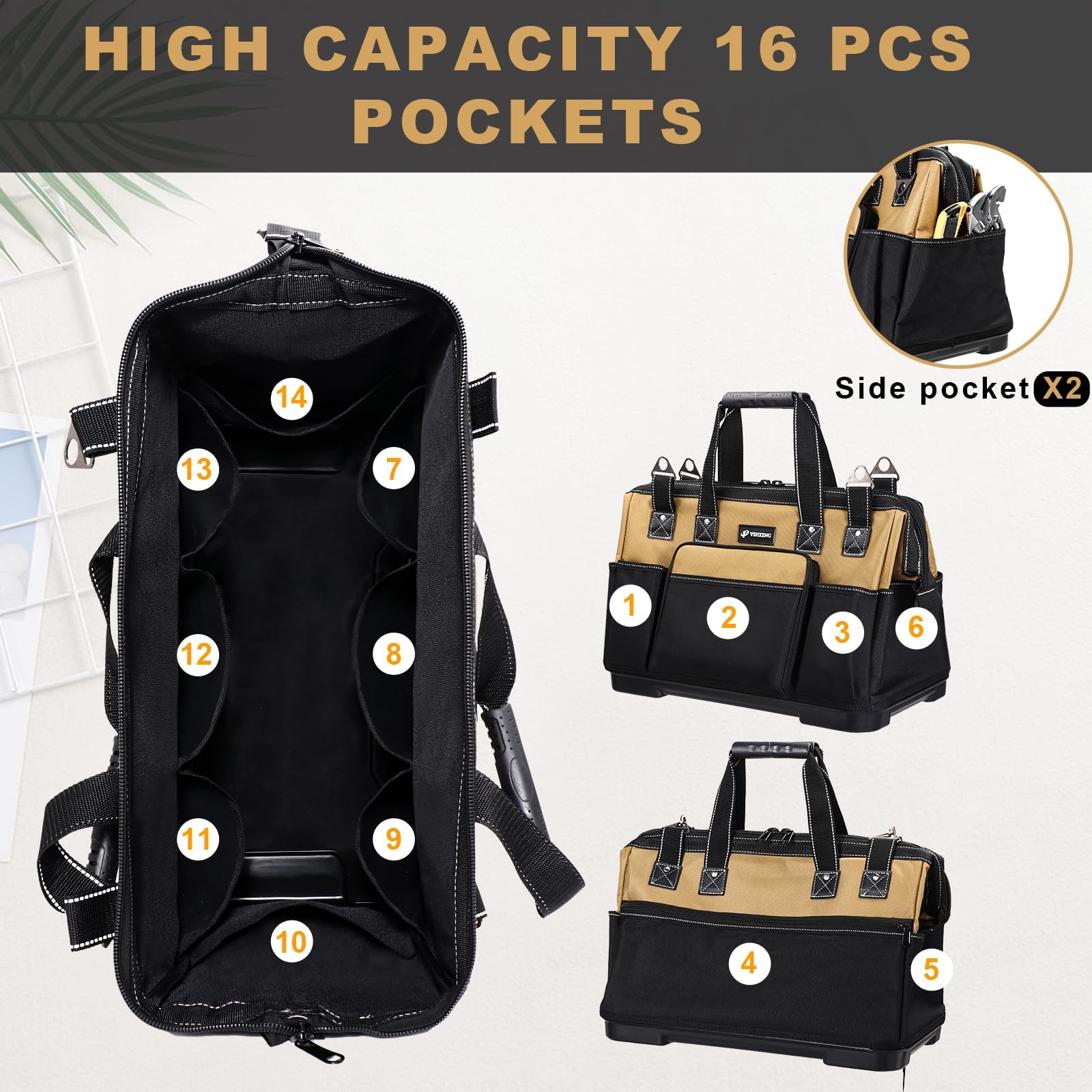 17Inch Large Heavy Duty Tool Bag Waterproof Hard Bottom Multiple Pockets Tote