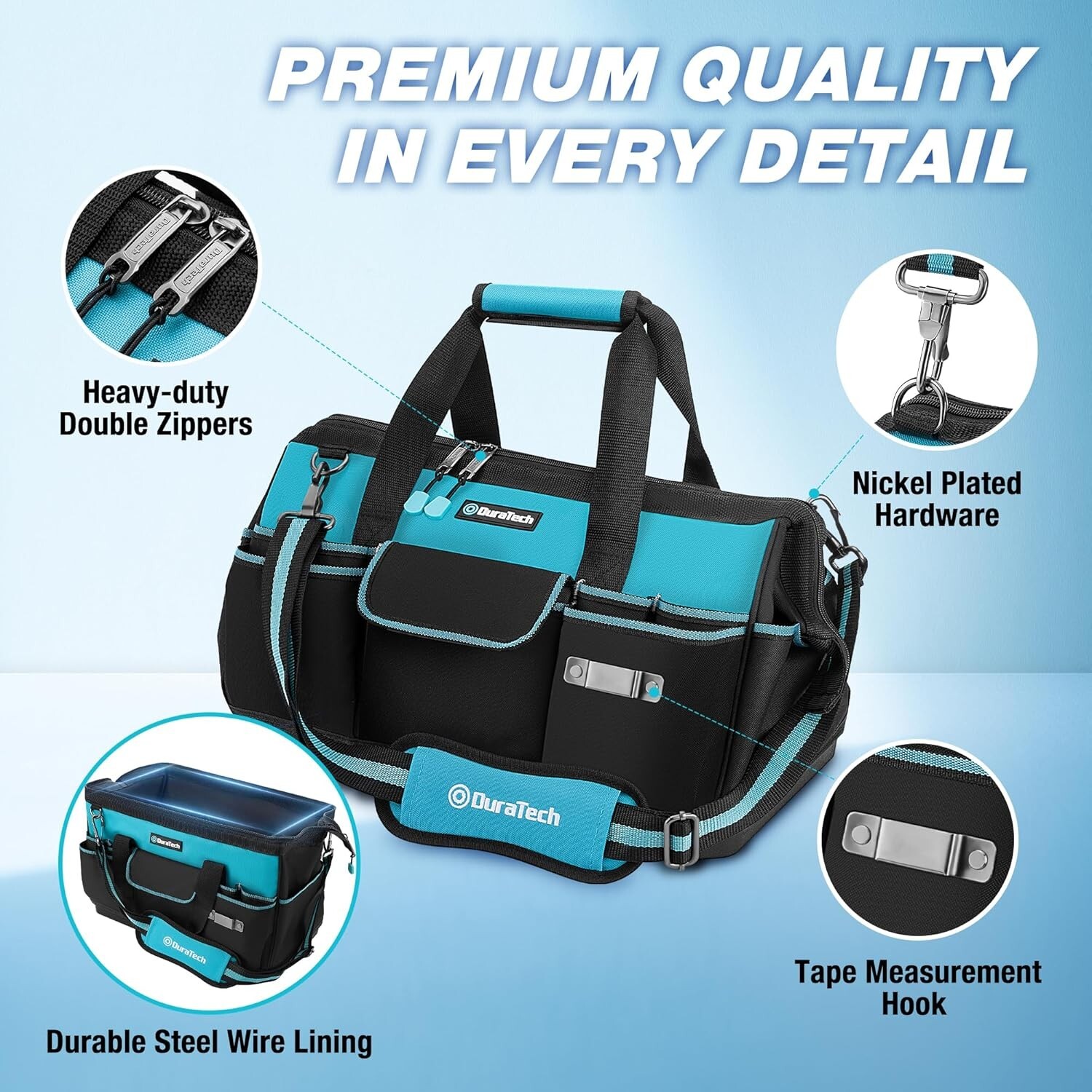DURATECH 18-Inch Large Tool Bag w/Waterproof Hard Bottom Heavy Duty w/19 Pockets