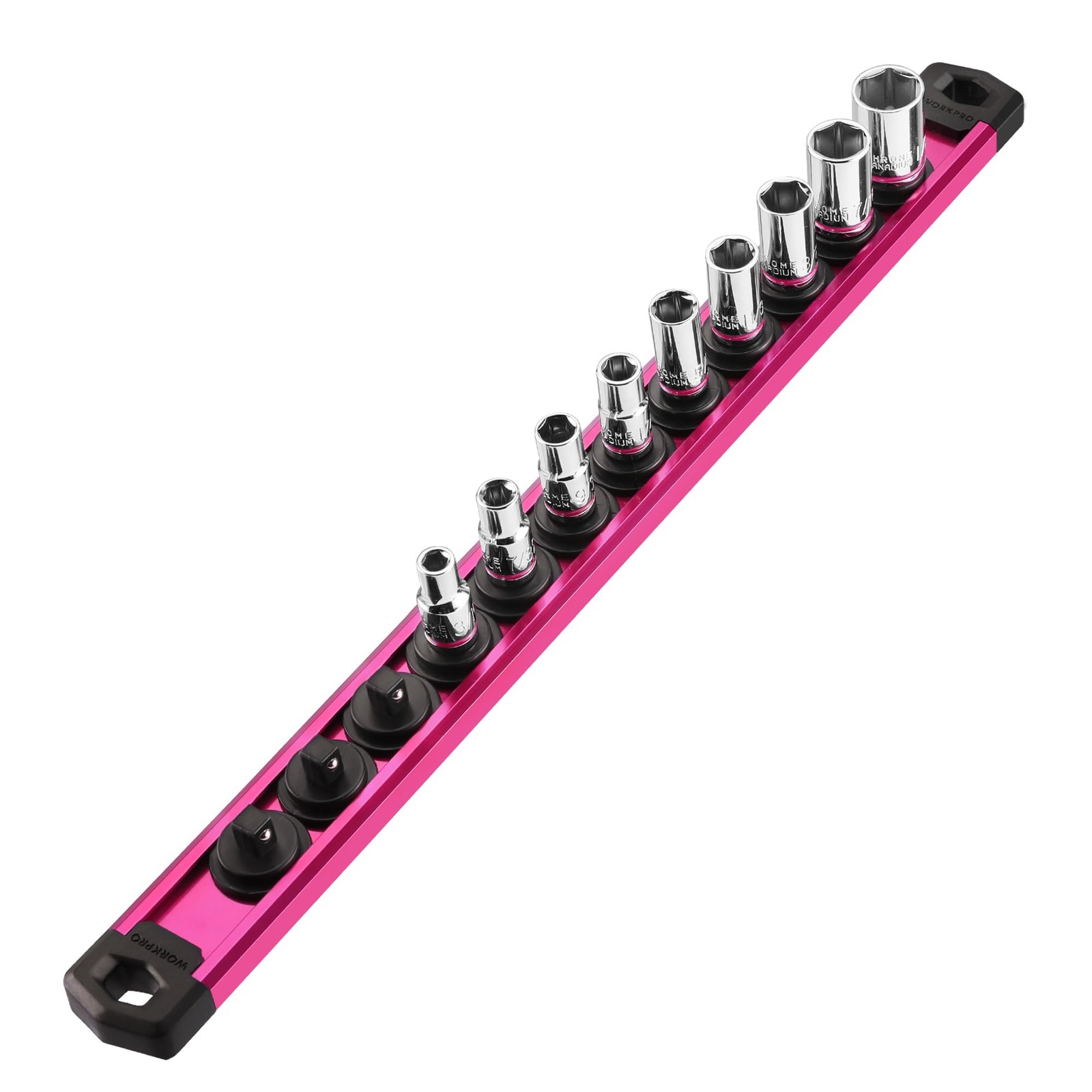 WORKPRO Magnetic Socket Organizer, 1/4-Inch Drive Aluminum 1/4″ DR, Rose Red