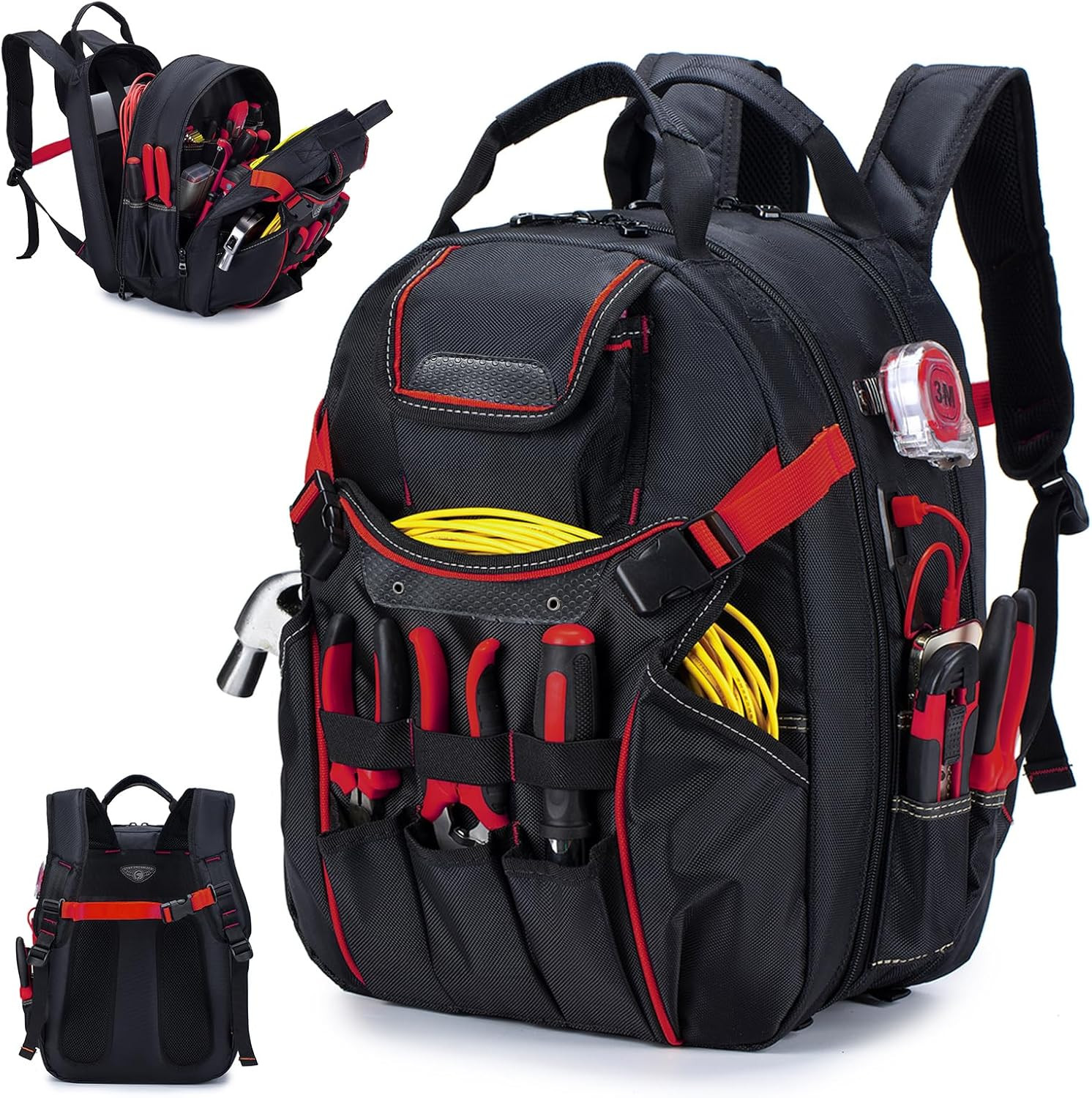 Durable 52 Pocket Tool Backpack with Waterproof Base – Red for Men