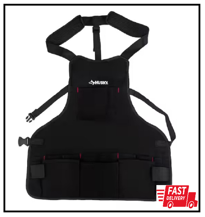 Husky Canvas Bib Tool Work Apron 23 in Quick Release Belt 16-Pocket Black