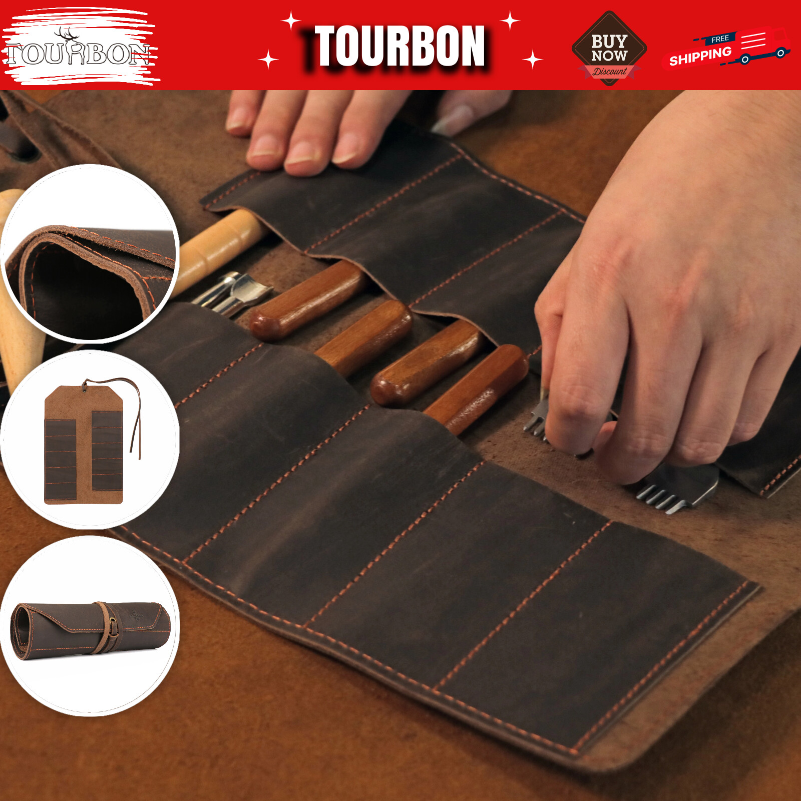 Leather Wood Carving Knives Roll Tools Organizer Knife Carrier Pouch-TOURBON