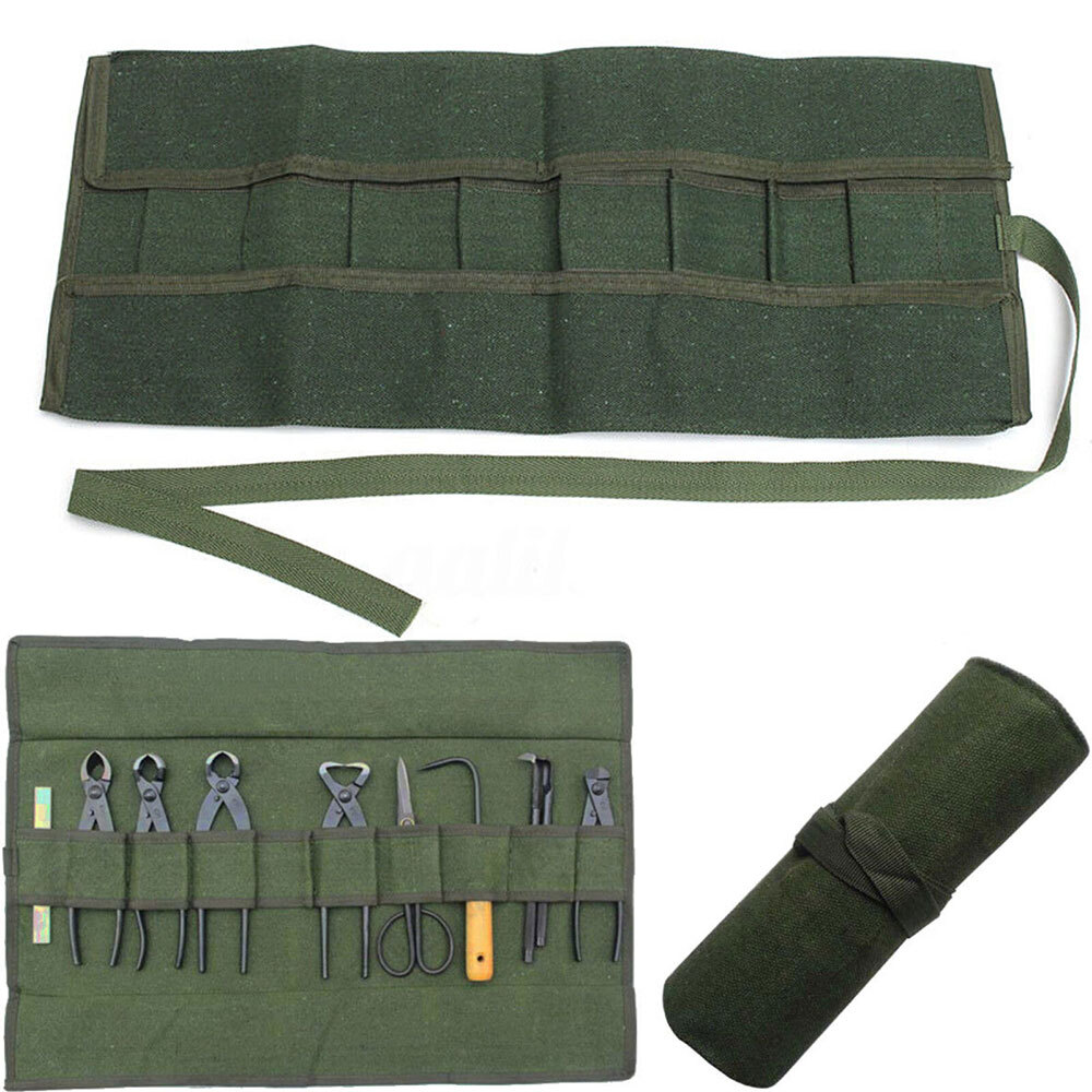 10Pockets Canvas Spanner Wrench Tool Roll Up storage bag Organizer Pouches Case~