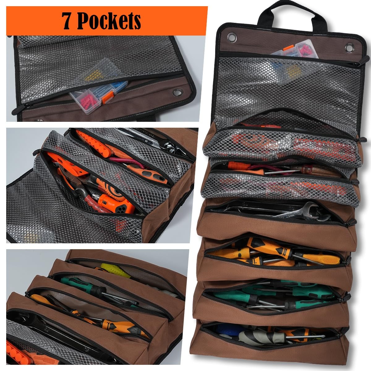 WELKINLAND Heavy-Duty Waxed Canvas Tool Roll, 7-Pockets Large, Brown