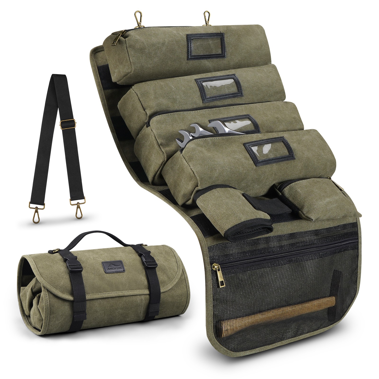 Heavy Duty Canvas Roll Up Tool Bag Organizer w/Detachable Tool Pouches Hangable