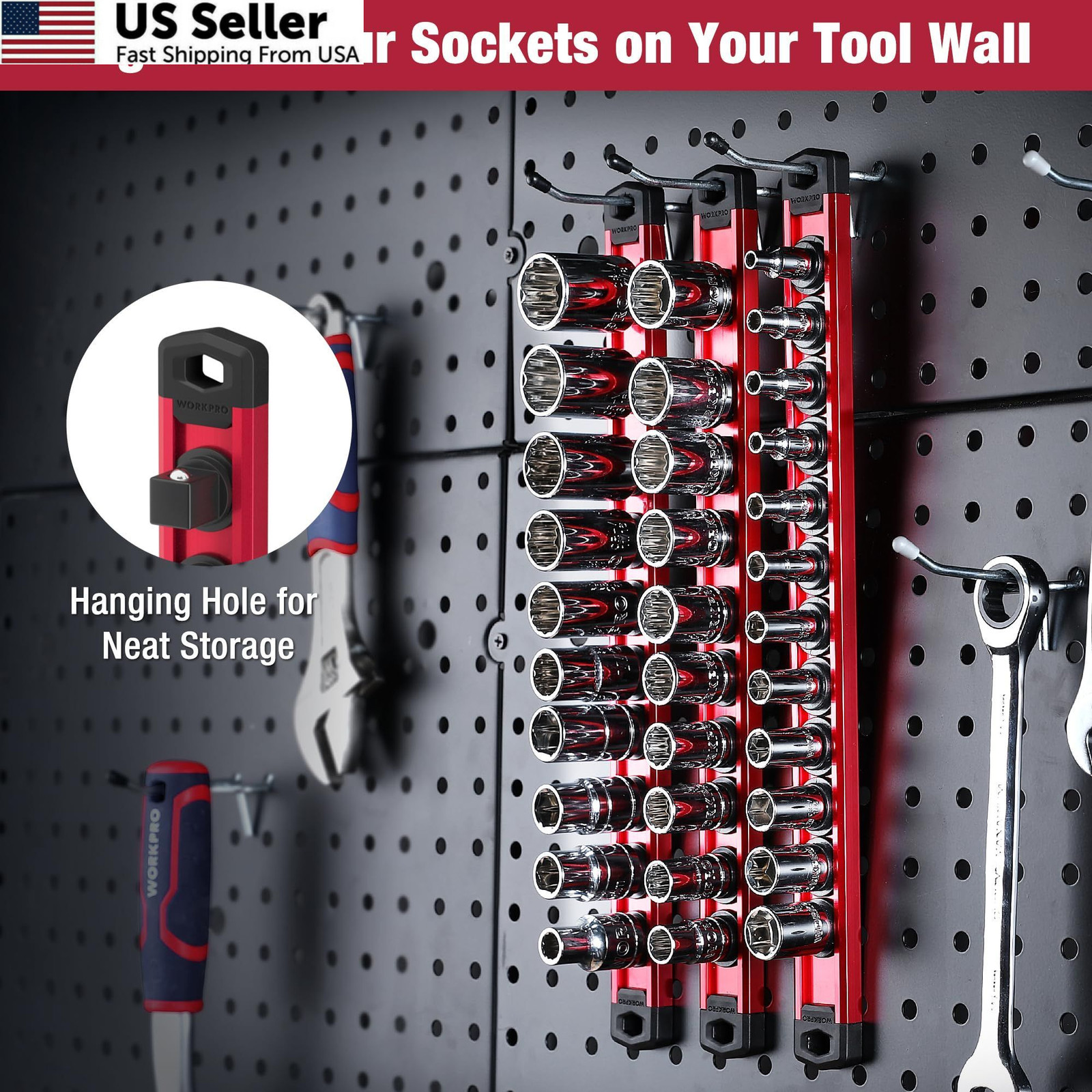 WORKPRO Magnetic Socket Organizer, 3/8-Inch Drive Aluminum Alloy 3/8″ DR, Red