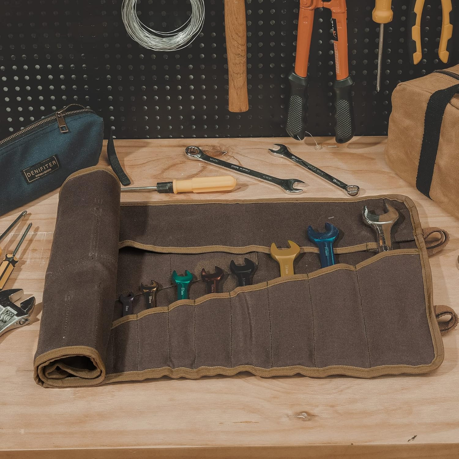 Wrench Roll Up Tool Bag Waxed Canvas Organizer 24 Pocket Heavy Duty Brown
