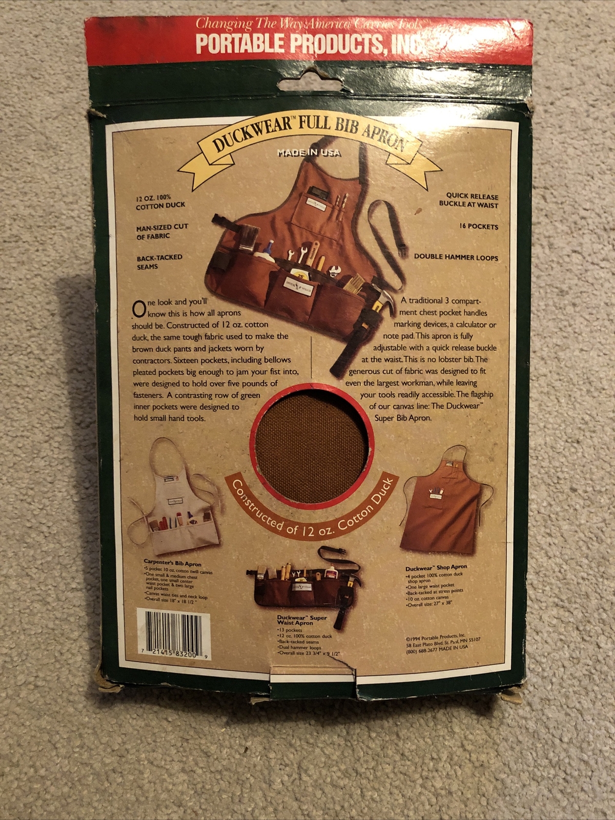 Duck Wear Professional Full Bib Canvas Apron NOS B6