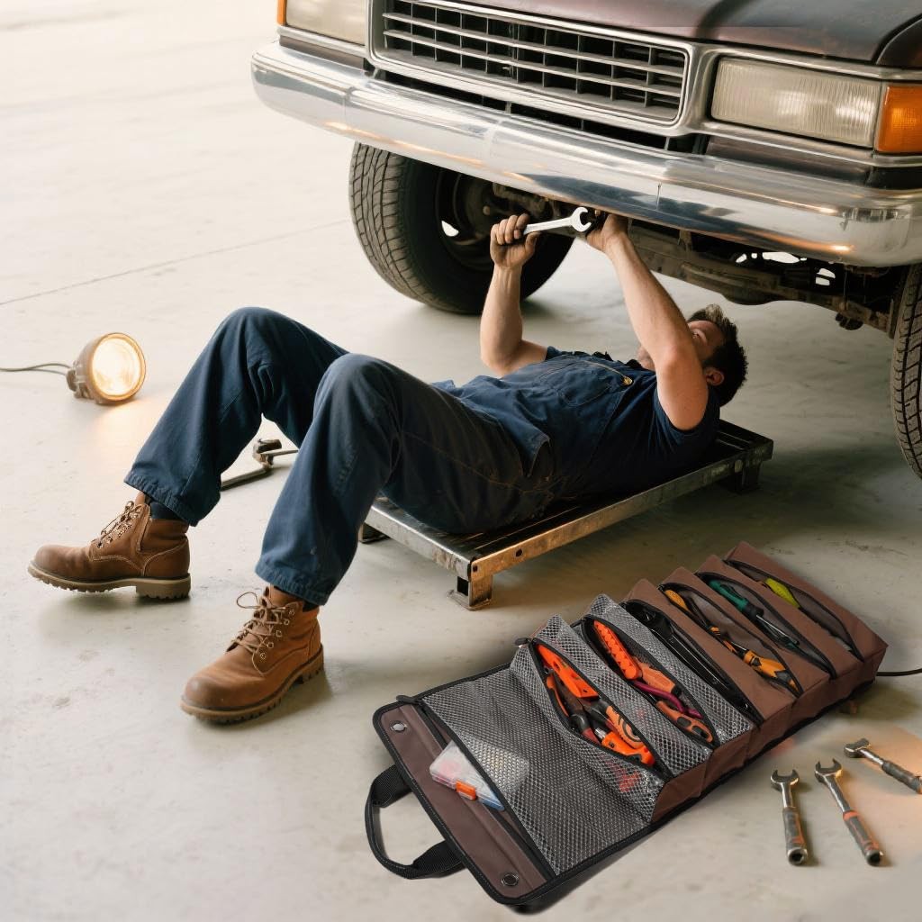 WELKINLAND Heavy-Duty Waxed Canvas Tool Roll, 7-Pockets Wrap Brown