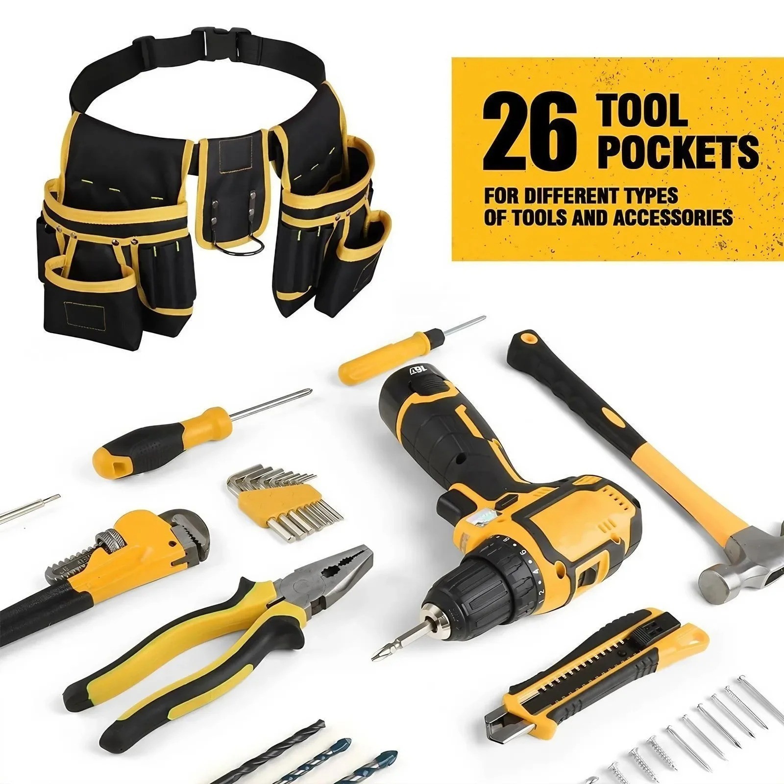 Adjustable Men’s 26 Pockets Tool Belt Magnetic Holder Sturdy Waist Pouch for AA
