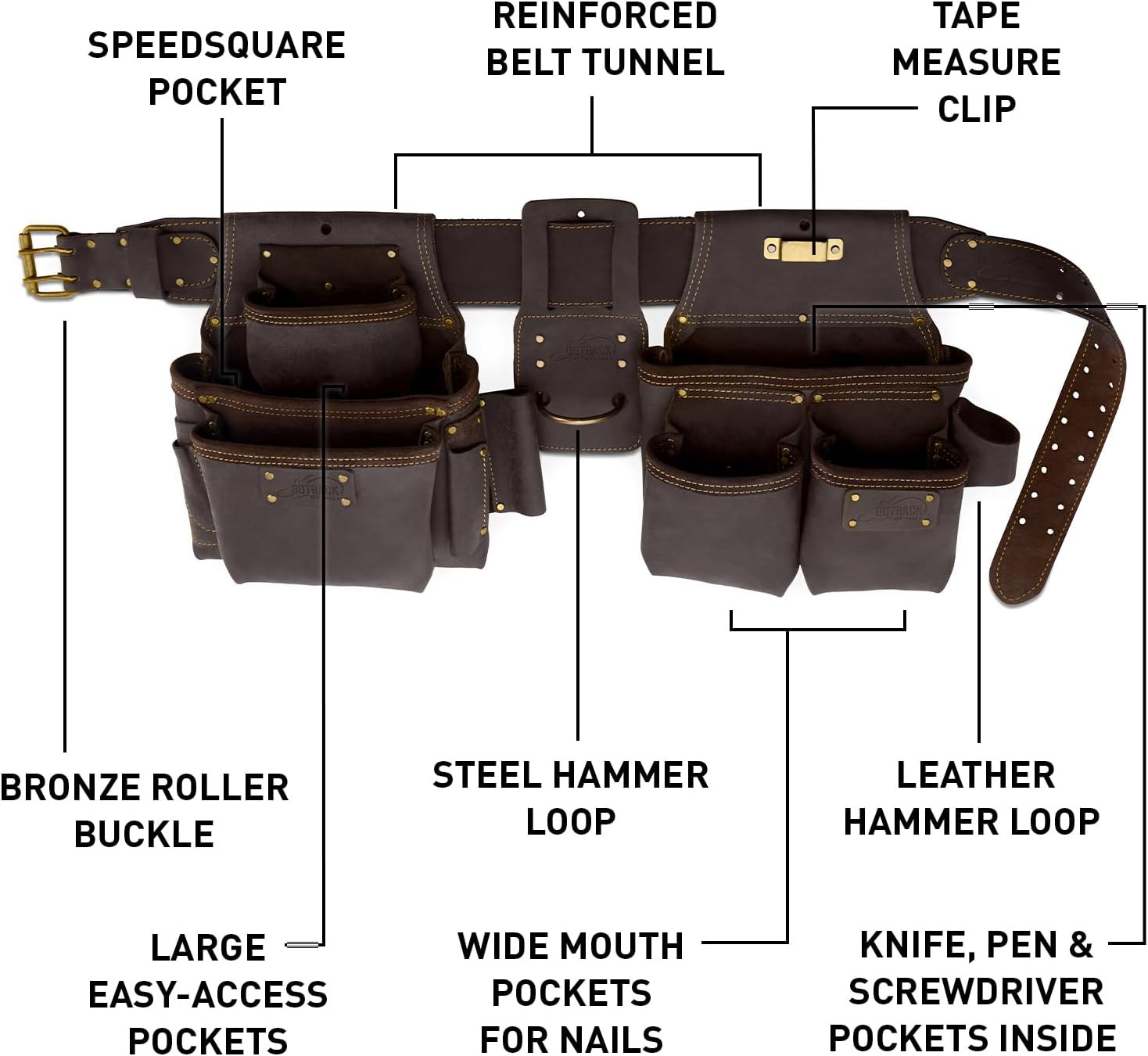 22-Pocket Leather Tool Belt – Durable Oil-Tanned with Steel Rivets and Stitching
