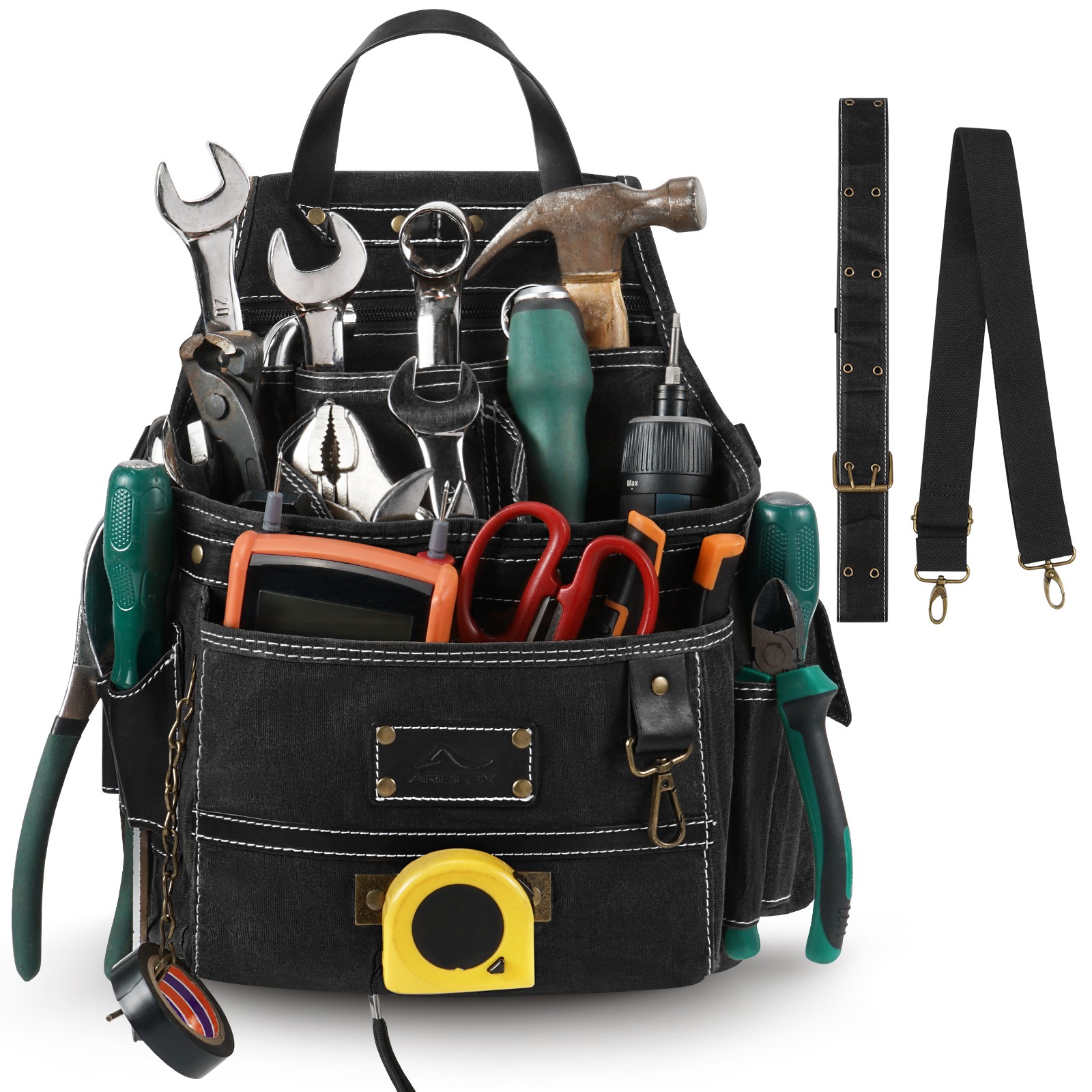 Professional Canvas Tool Belt Bag with Leather Handle & Multi-Pockets Belt Loop