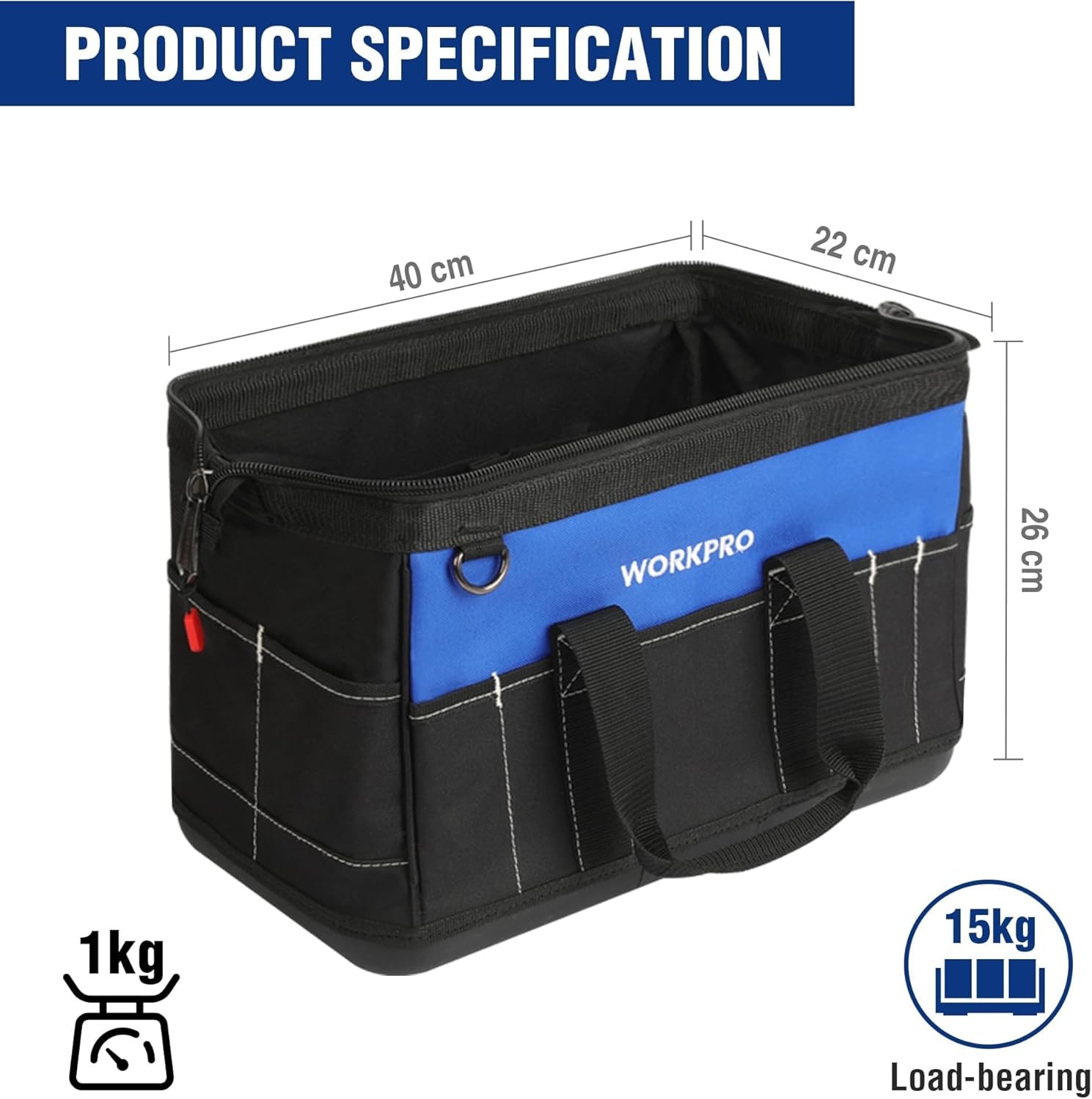 WORKPRO 16-inch Wide Mouth Tool Storage Bag 22 Pockets w/Water Proof Molded Base