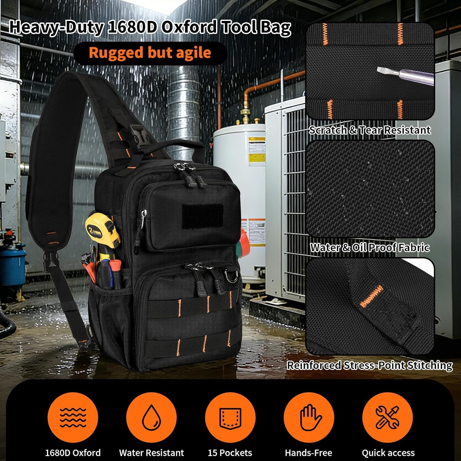 Tactical Electrician & HVAC Tool Chest Bag with 3-Point Harness, 15-Pocket 16…