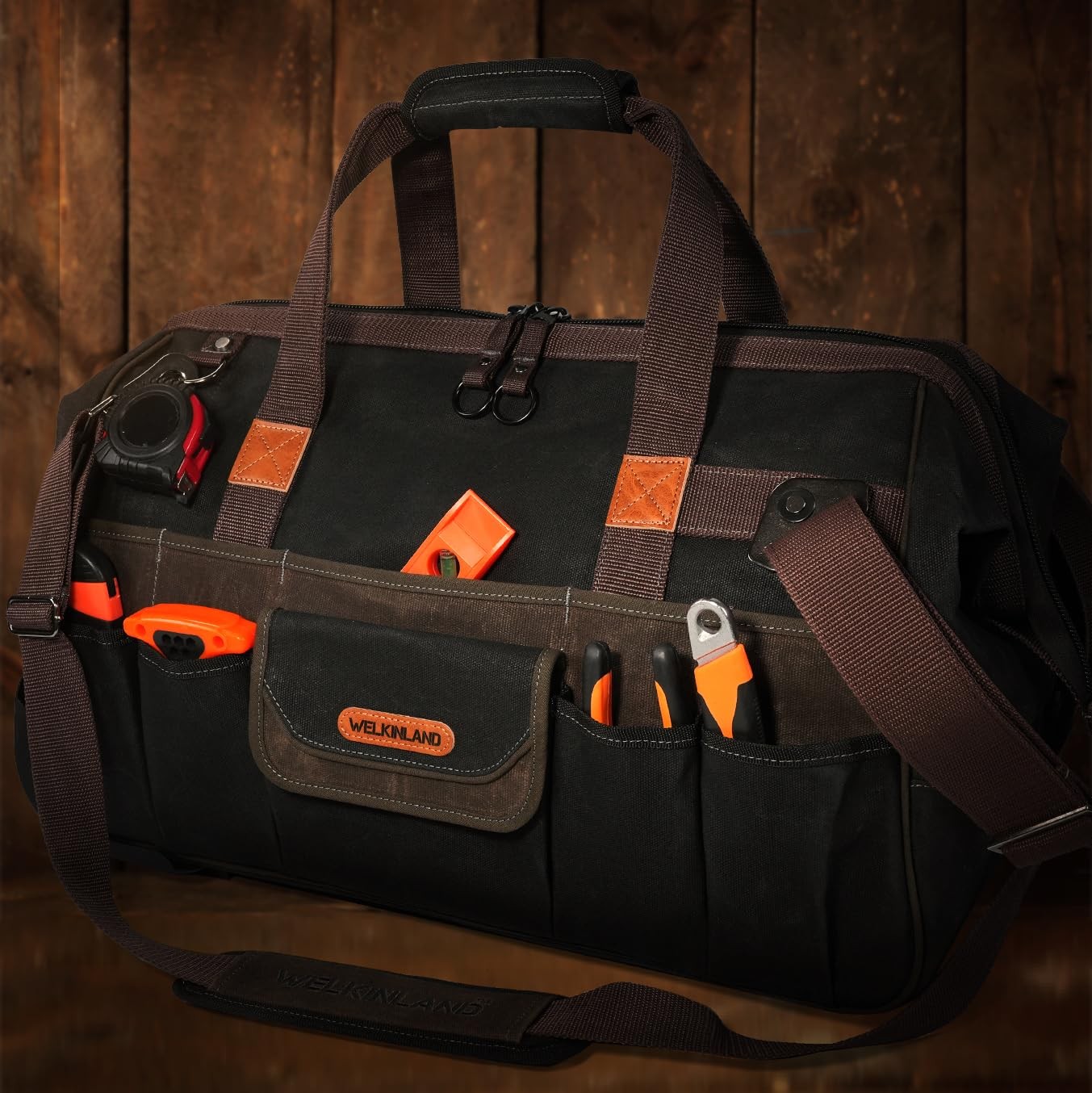 WELKINLAND 48Pockets Tool Bags With Wheels, 22Inch Large, Brown & Black
