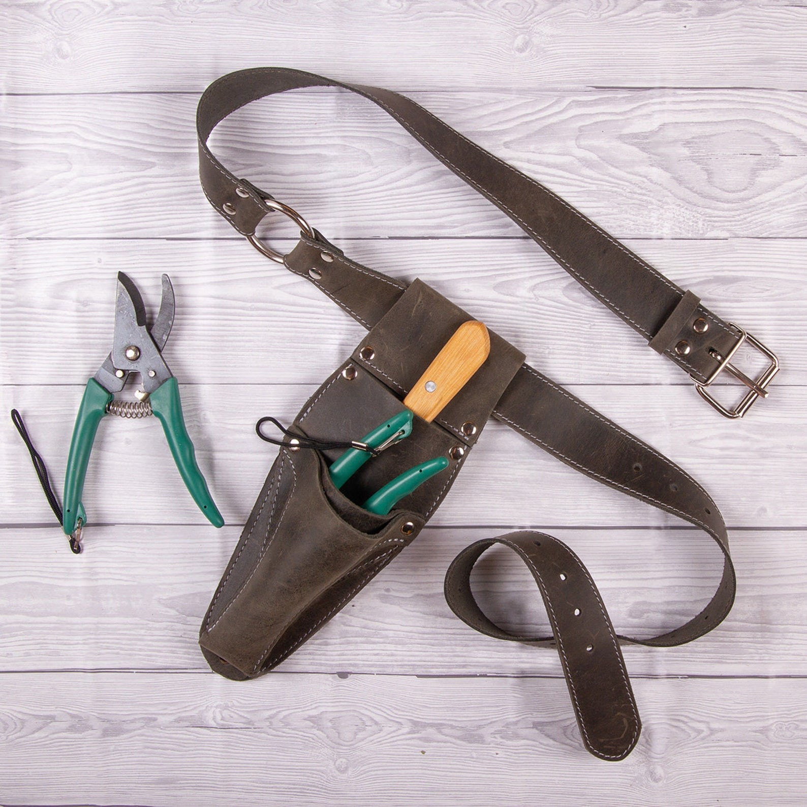 Leather Garden Tool Belt, Hori Hori Knife Pruner Sheath, Gardener Organizer