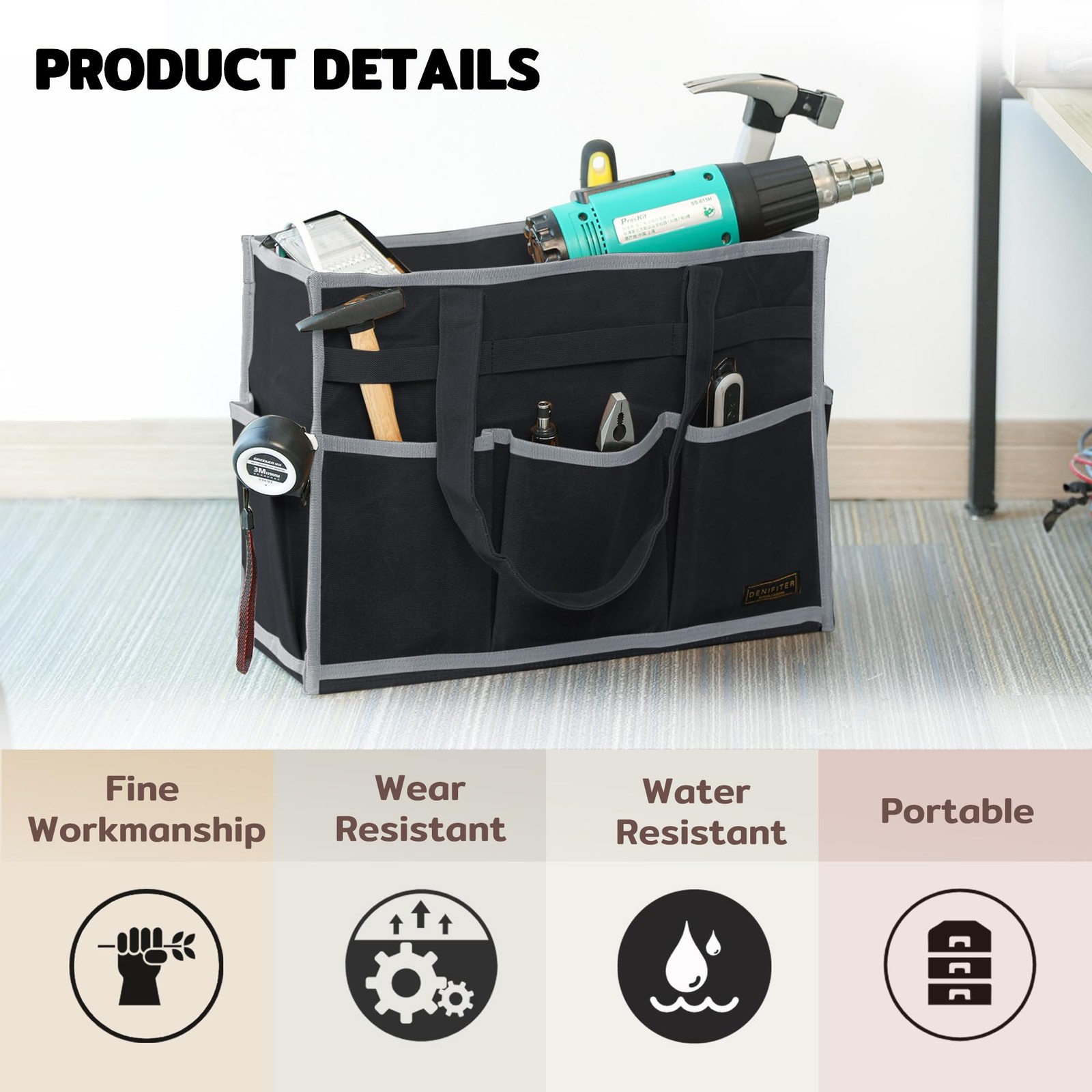 Tool Bag 16.5x7x12 Inch Heavy Duty Waxed Canvas 6 Pockets – Garden Storage