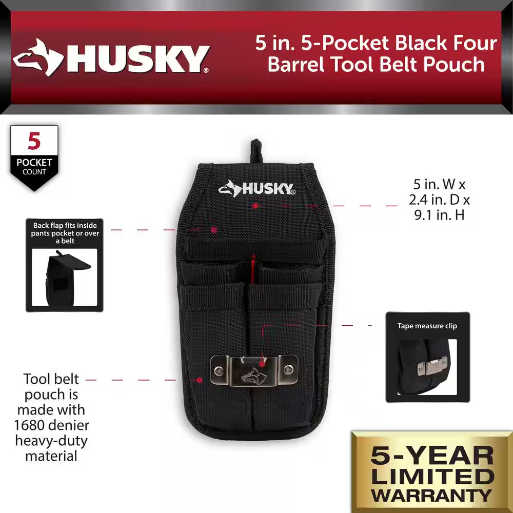 Husky Tool Belt Pouch 5 Pocket Heavy Duty 1680D Poly Black Utility Knife Holder