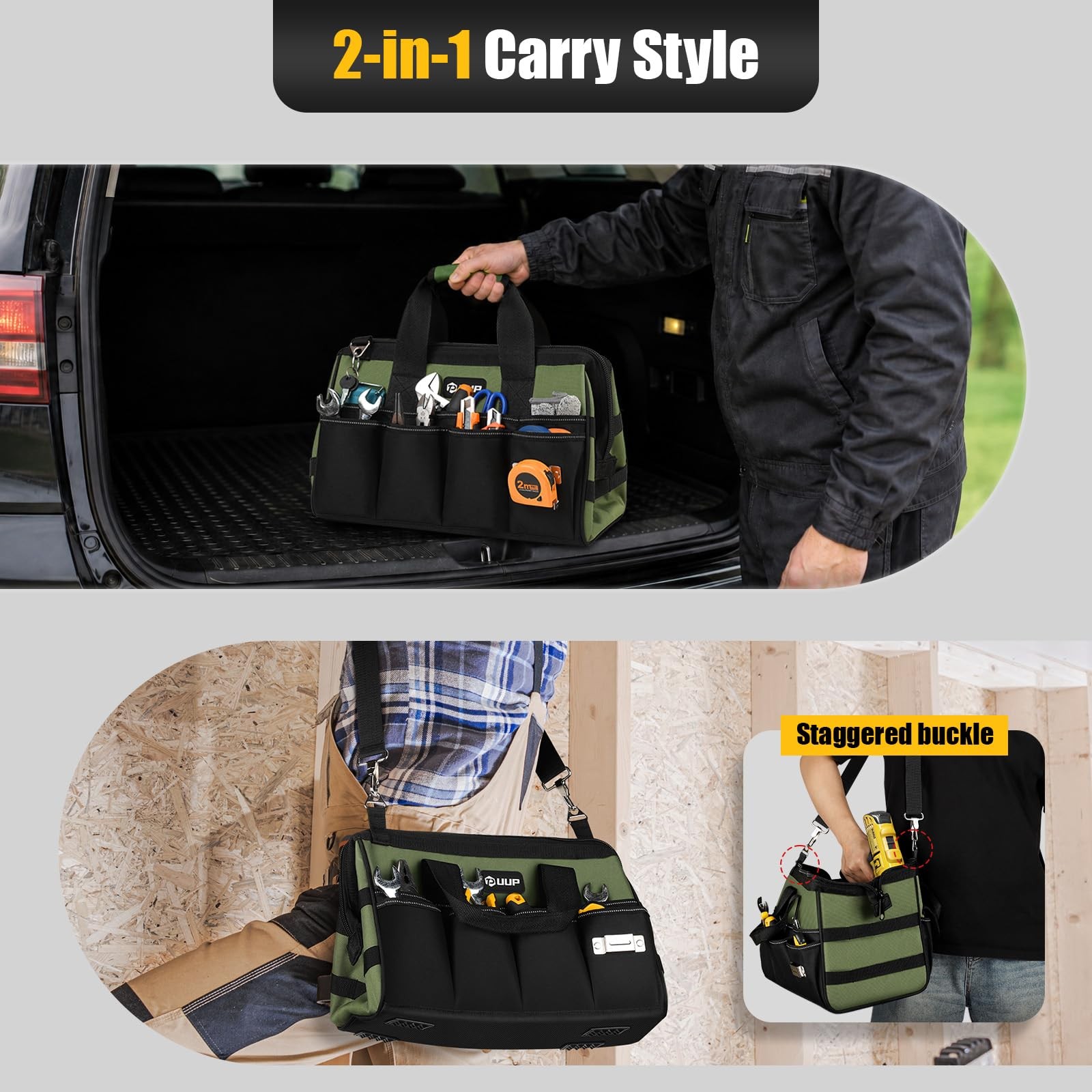 UUP Heavy Duty Tool Bag 15-Inch, 16-Pocket Portable Empty 15.5 Inch, Green