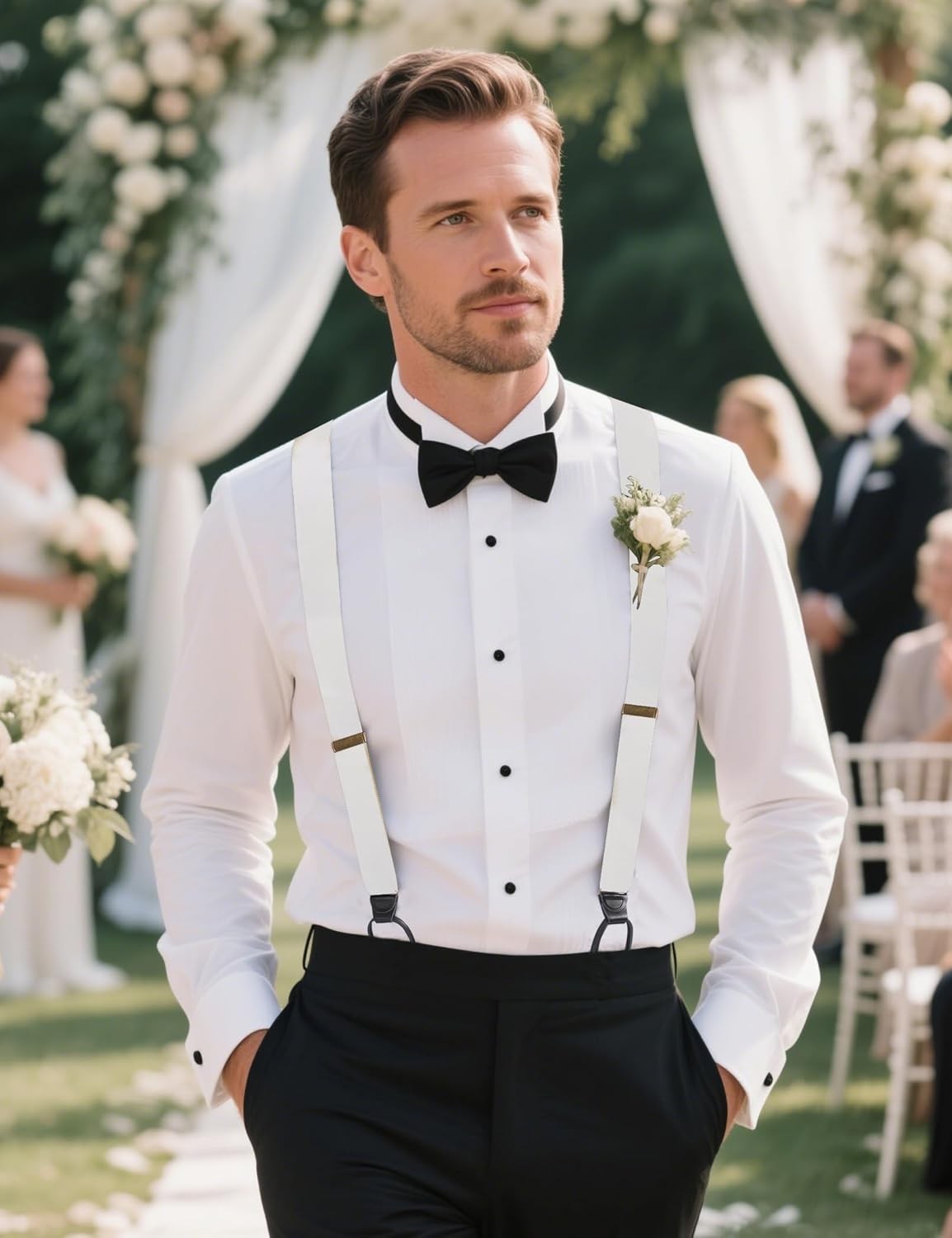 Button Suspenders for Men Dress Pants and Tuxedo Heavy Duty Big White