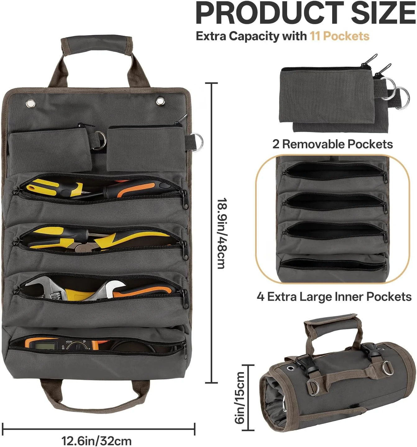 Roll Up Tool Bag for Men, Portable Tool Organizer with 4 Pouches Tool Roll and 2